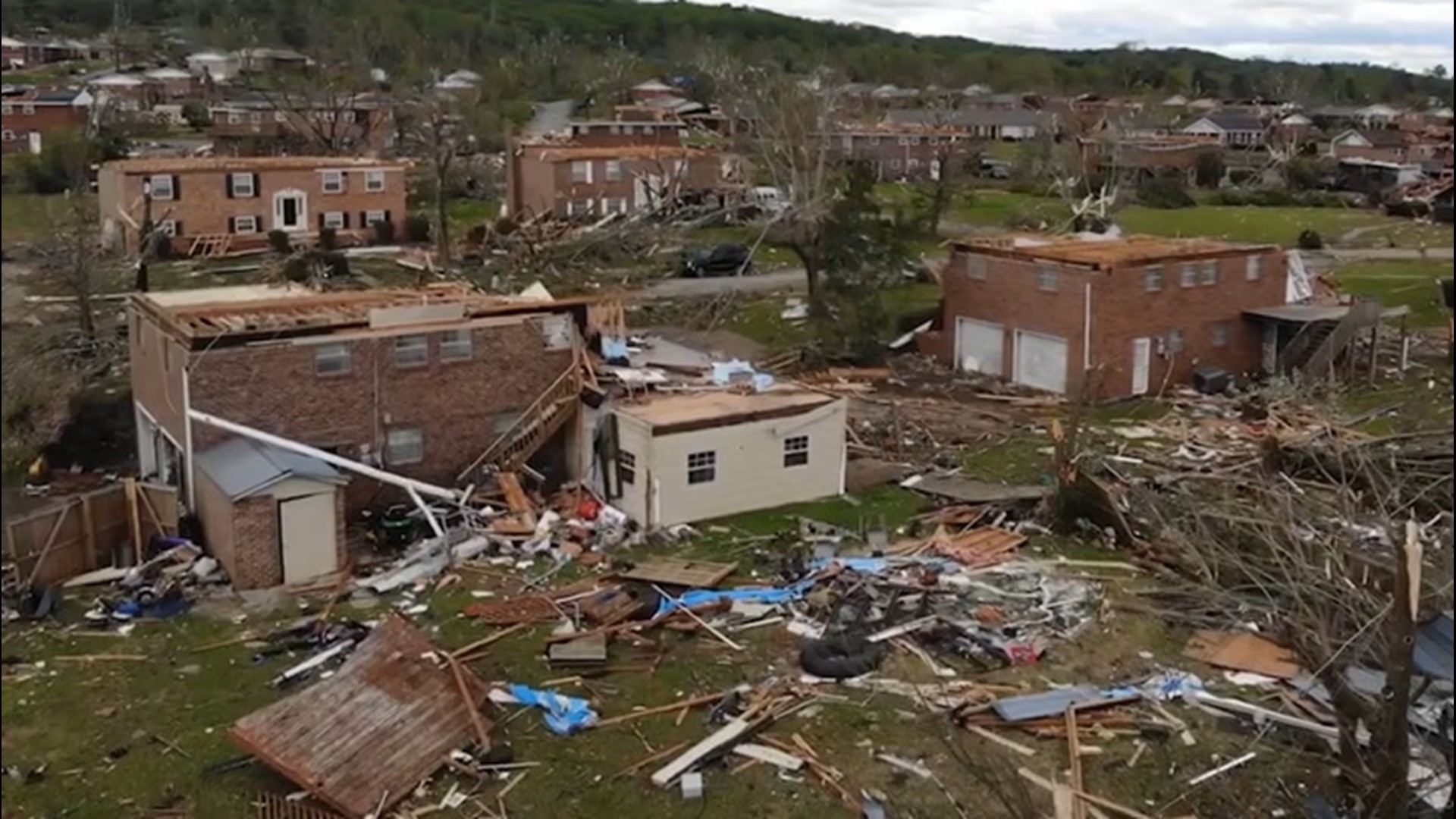 An EF-3 tornado tore through Hamilton County, Tennessee causing two fatalities and destroying over 9,000 structures. This is an aerial view over Chattanooga.