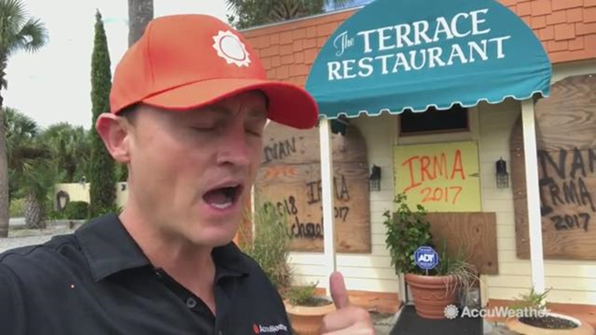 AccuWeather's Jonathan Petramala reports from Rosemary City, Florida on October 9 showing how many hurricanes this restaurant as endured. The hope is to add another name for another storm after they have survived Hurricane Michael. 