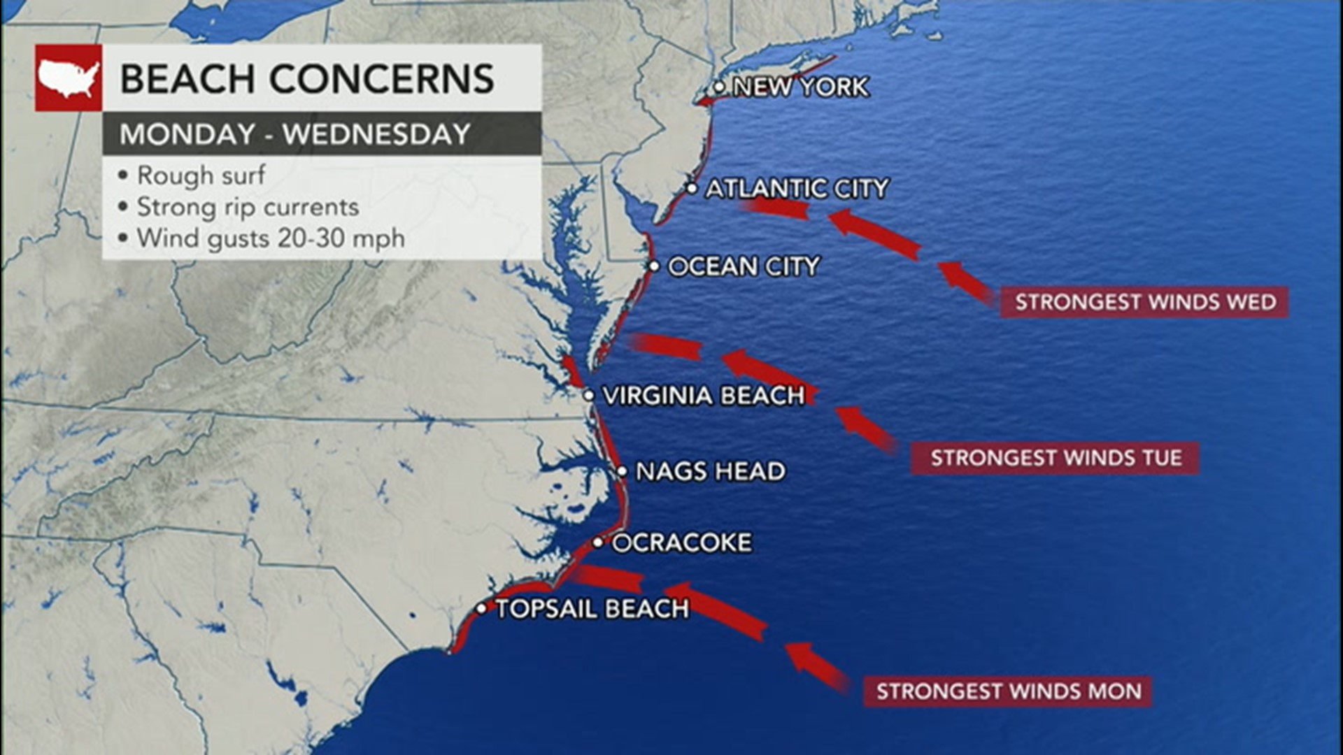 Regardless of further development, the tropical system will create rough surf and other concerns from the Carolinas to Long Island.