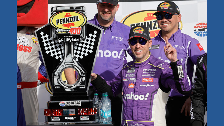 Denny Hamlin storms back to win at Las Vegas after early penalty