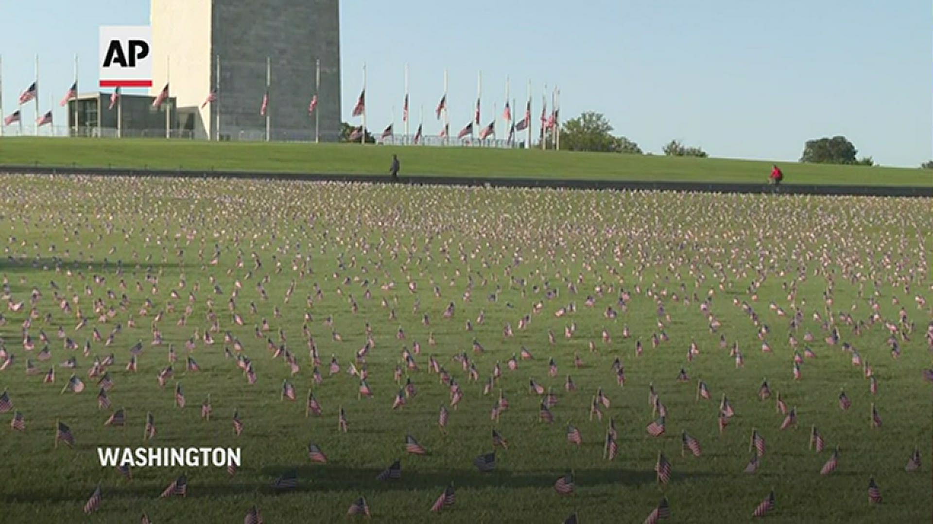 Flags were planted in the grounds near the Washington Monument to mark the milestone of 200,000 people dead from the coronavirus in the United States.