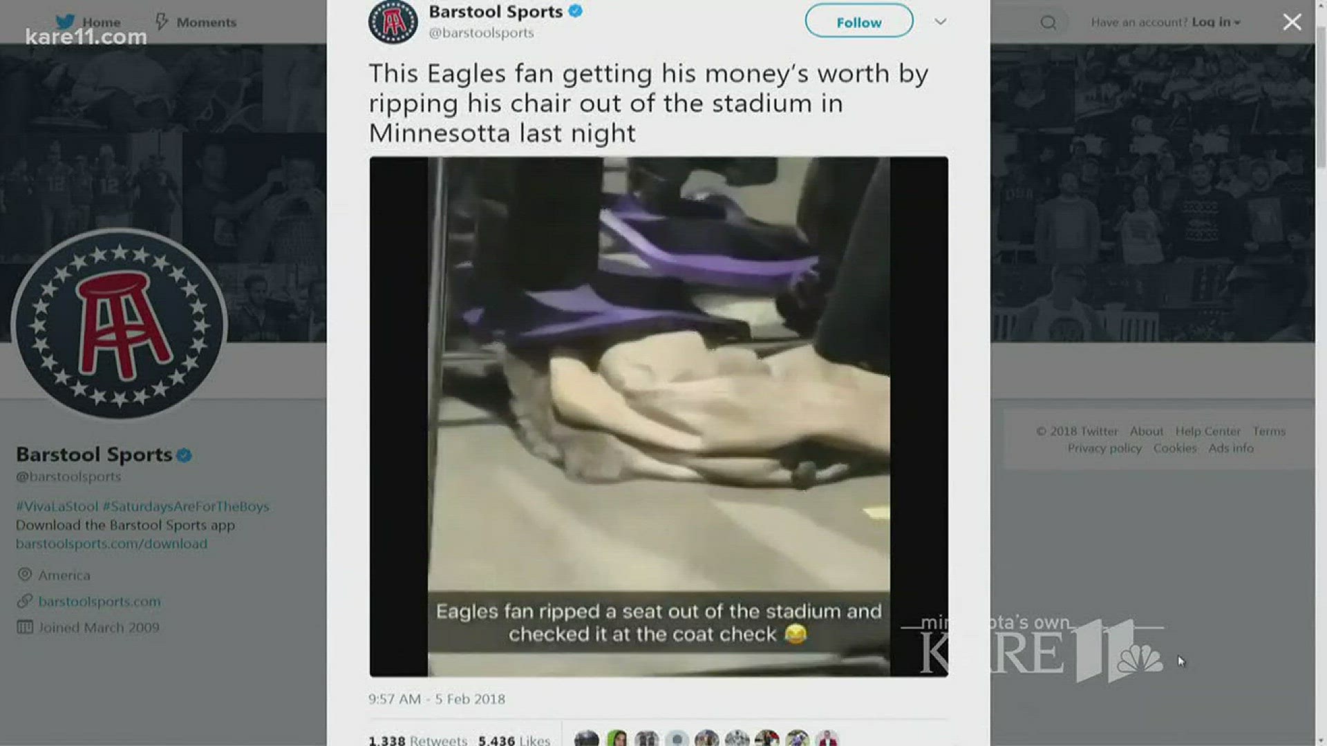 The video, posted by Barstool Sports, allegedly shows an Eagles fan checking the seat at the coat check before leaving with it. http://kare11.tv/2E6ykT9