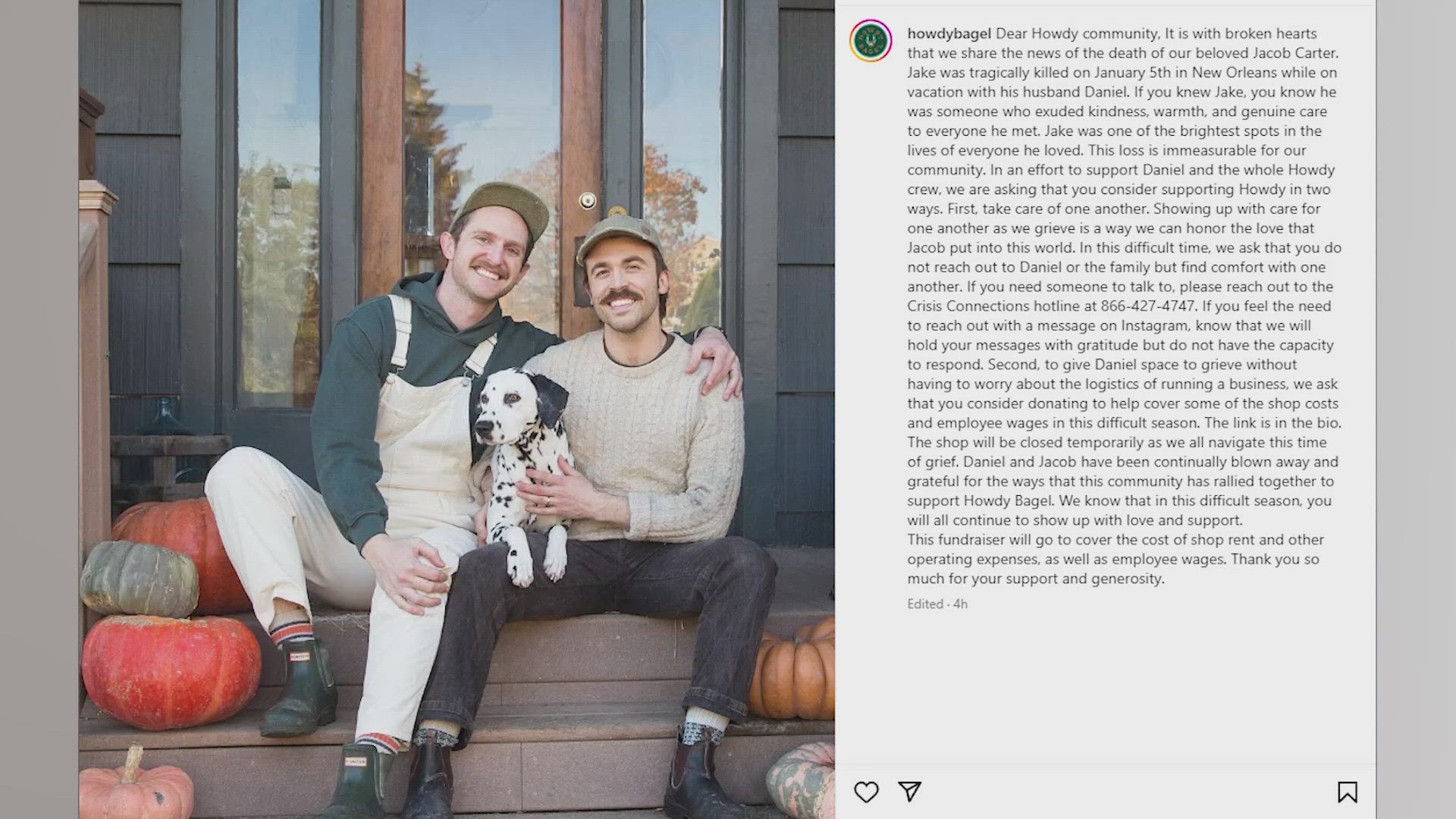Jacob Carter, owner of Tacoma's Howdy Bagel, was killed while on vacation in New Orleans with his husband.
