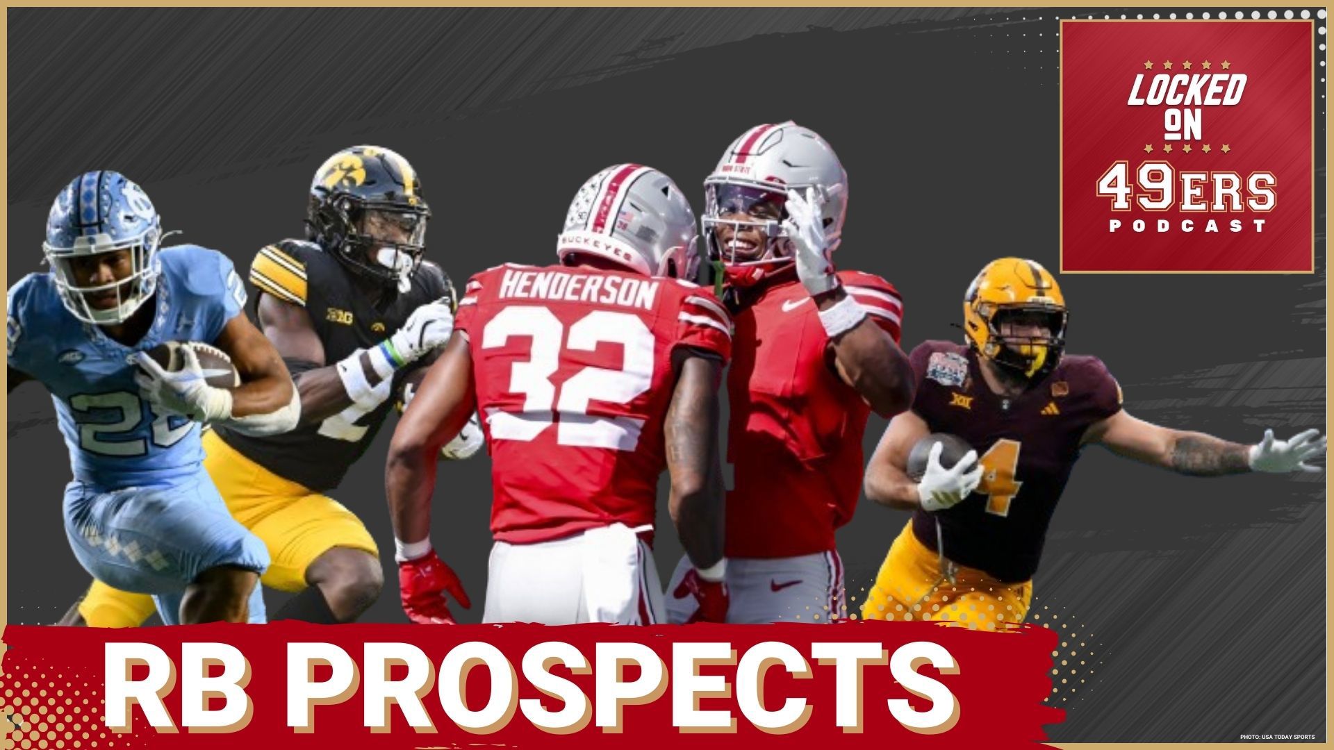 2025 NFL Draft running back prospects for the 49ers, including Omarion Hampton, Cam Skattebo, Kaleb Johnson, Treveyon Henderson and Quinshon Judkins.