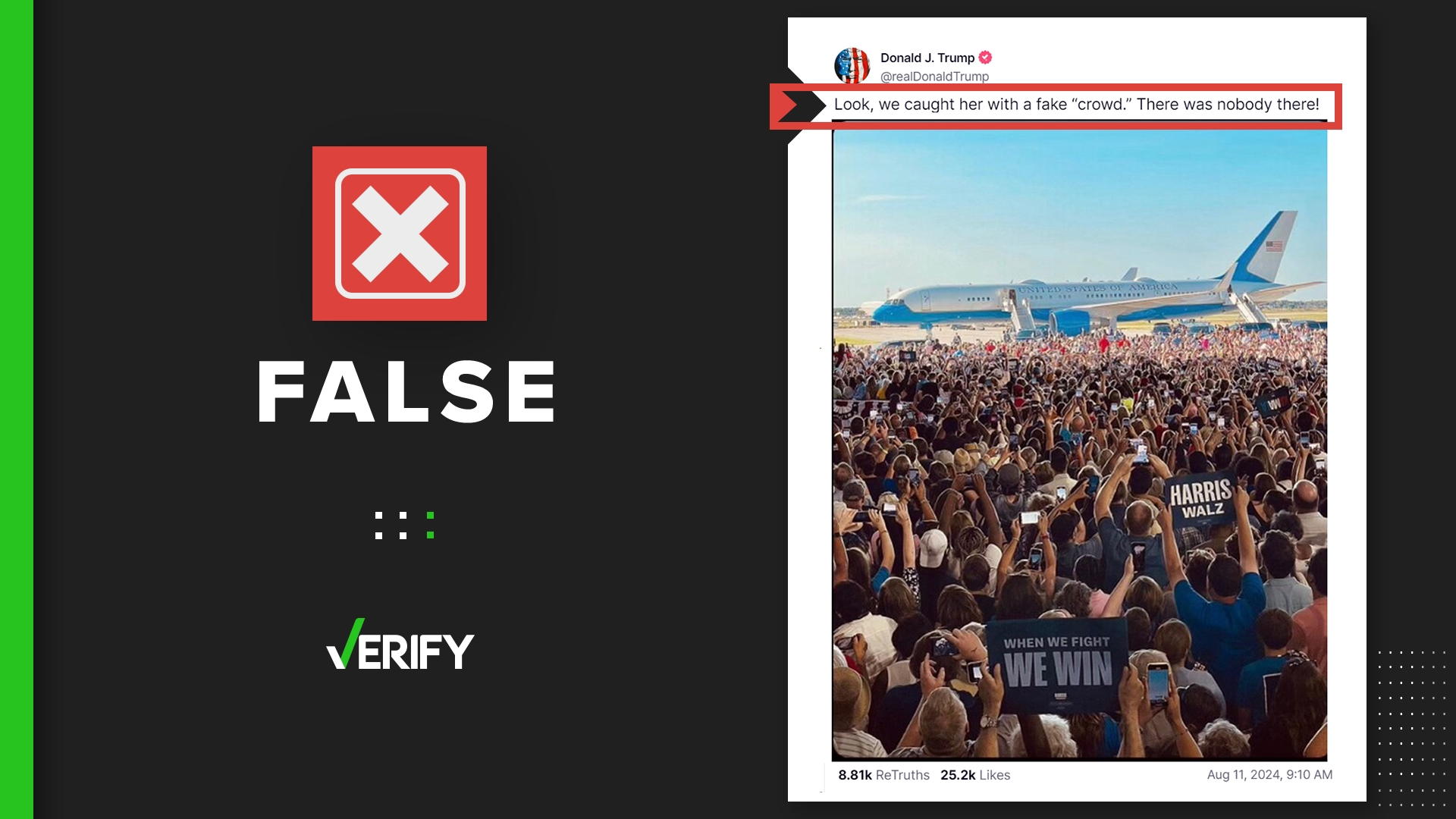 Several VERIFY readers asked us if an image from Kamala Harris and Tim Walz’s rally near Detroit were made with artificial intelligence, like Donald Trump claimed.