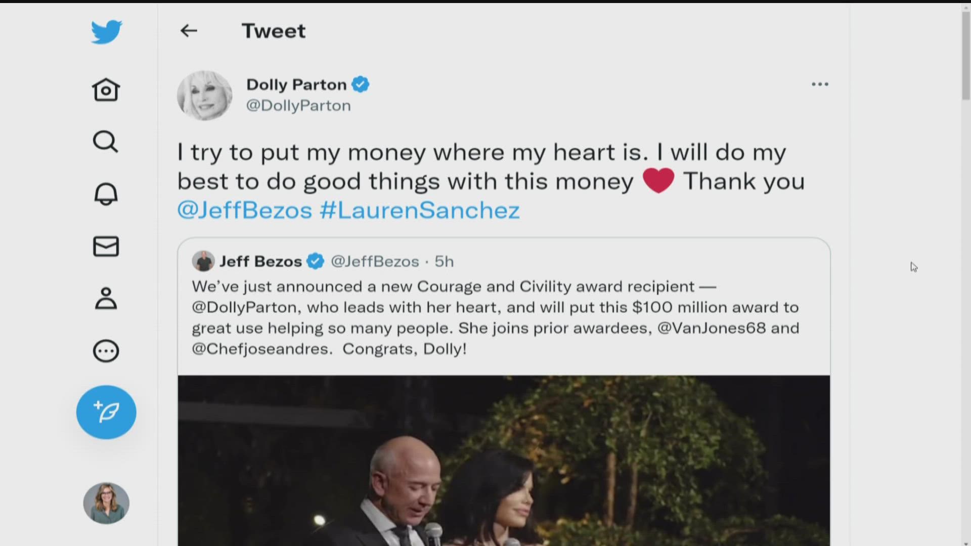 Jeff Bezos is giving Dolly Parton $100 million. Bezos and his partner Lauren Sanchez awarded this year's Courage and Civility Award to Dolly during a ceremony.