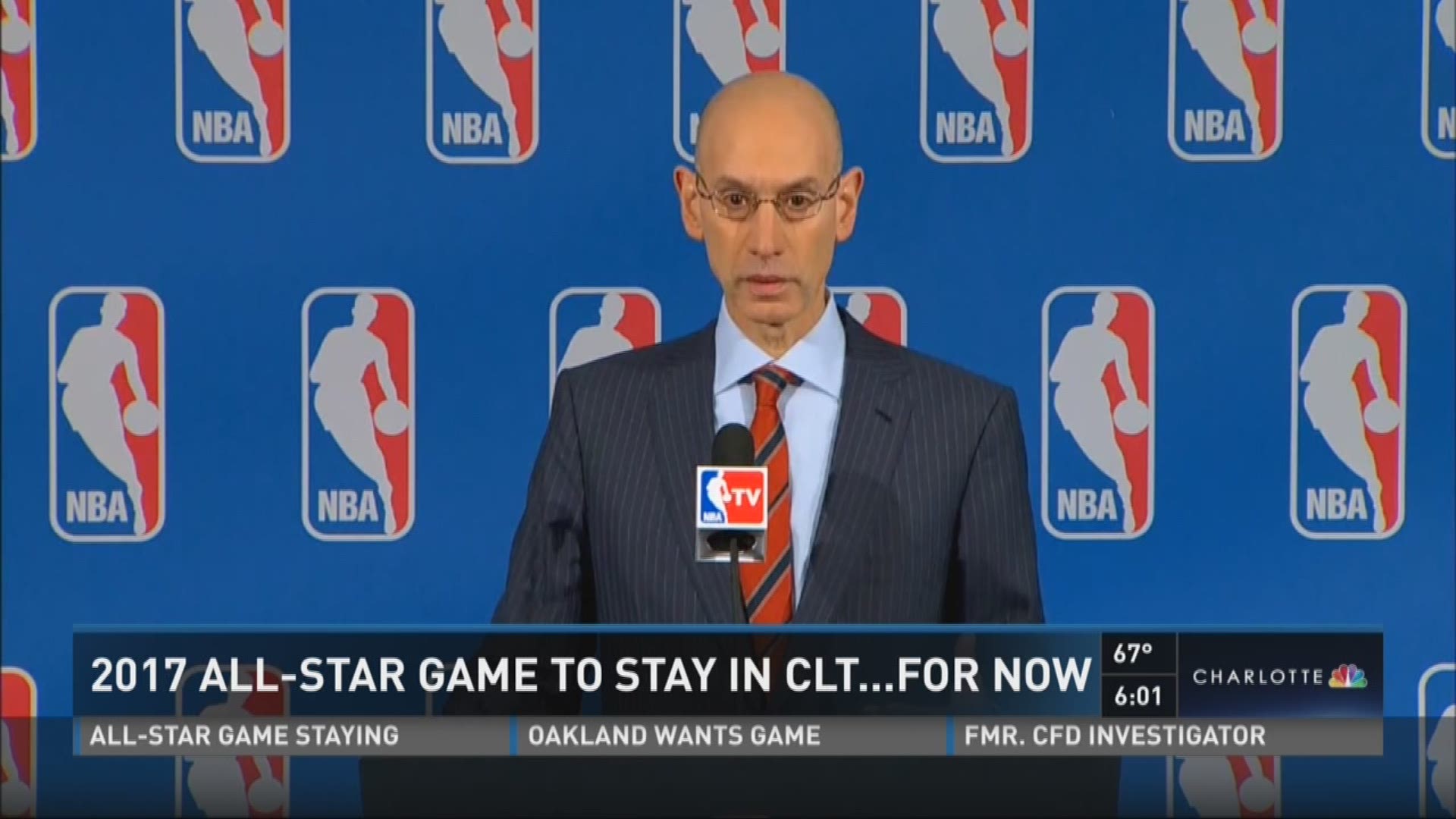 NBA Commissioner Adam Silver said there was no discussion of moving the 2017 All-Star Game from Charlotte, but the league clarified that a decision has not been made.