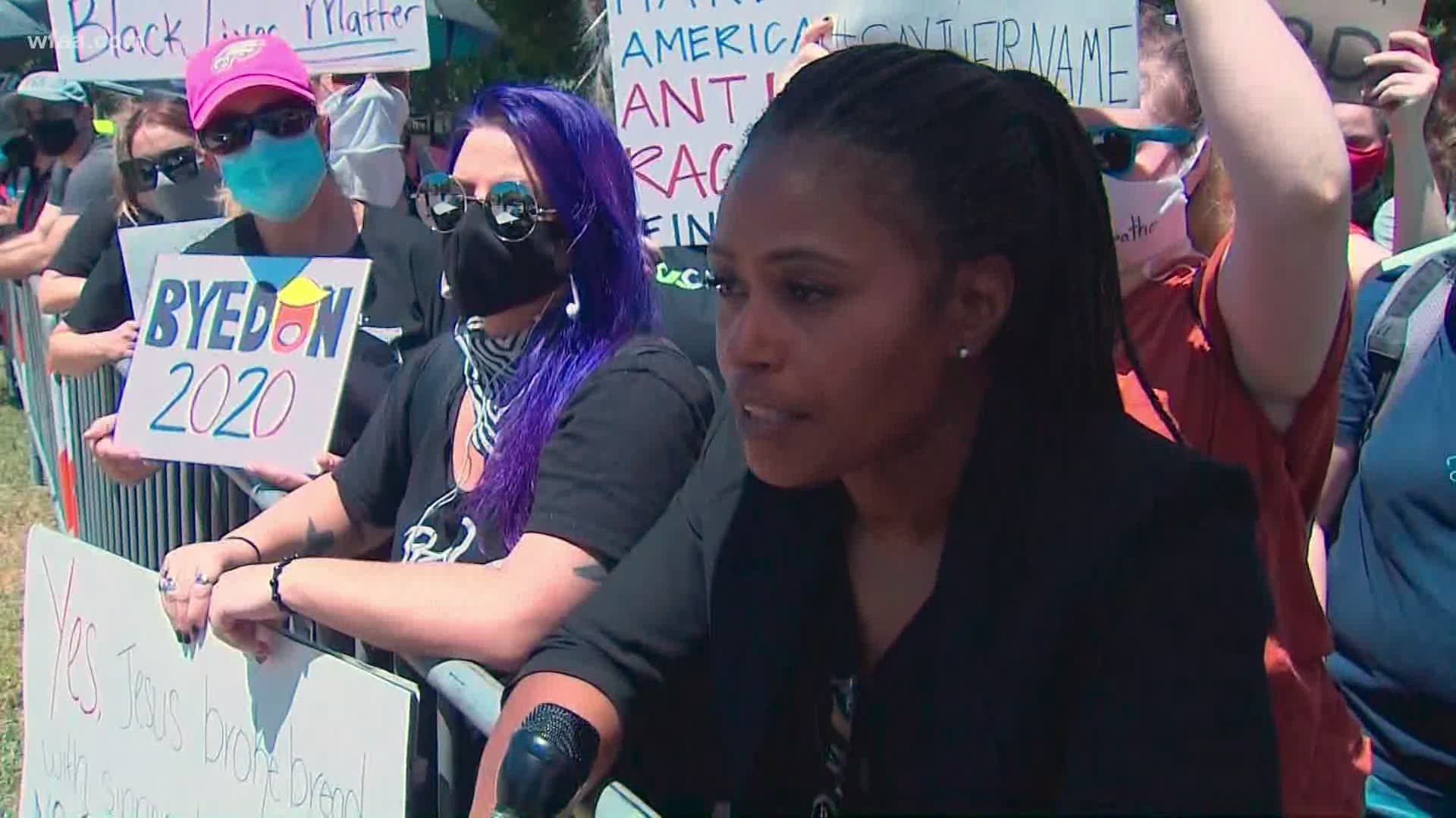 President Donald Trump supporters and protesters were outside the church were the president spoke about initiatives.