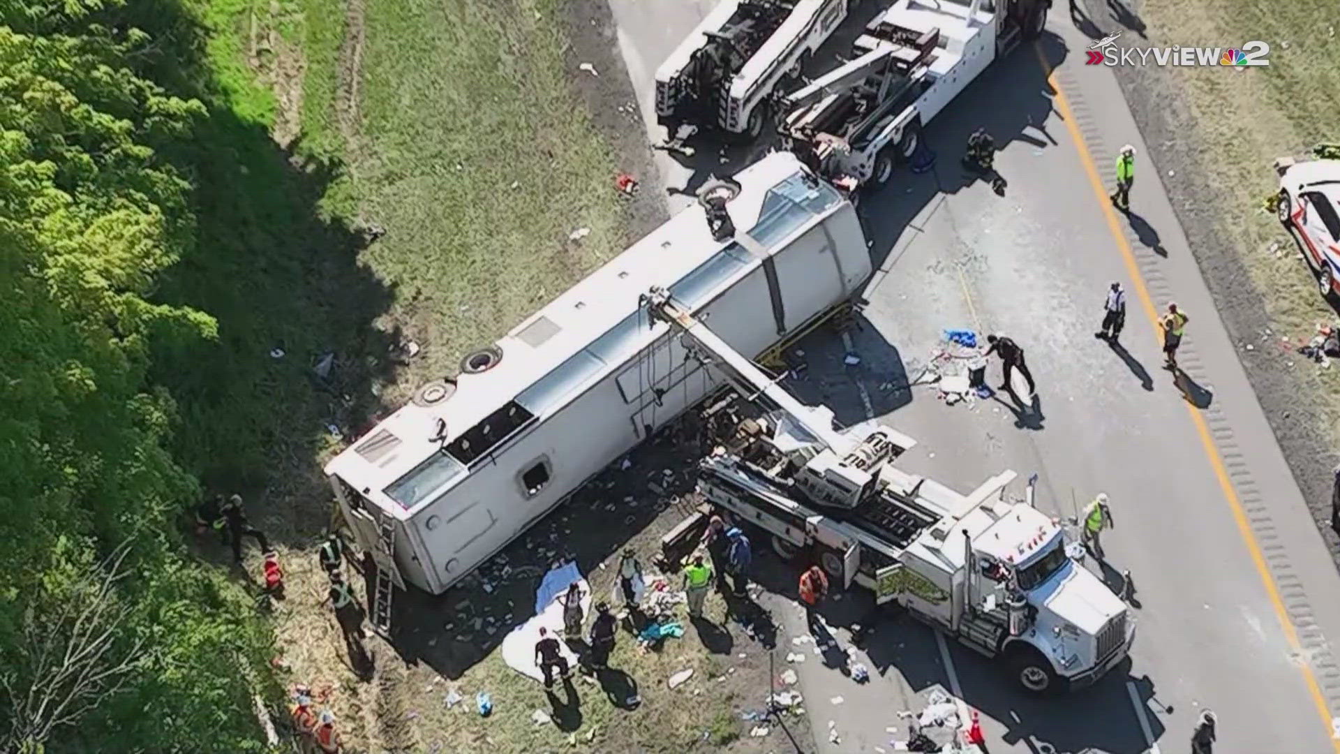 A tour bus carrying more than 50 passengers from Niagara Falls to New York City crashed and rolled over near Pembroke, killing five people and injuring many others.
