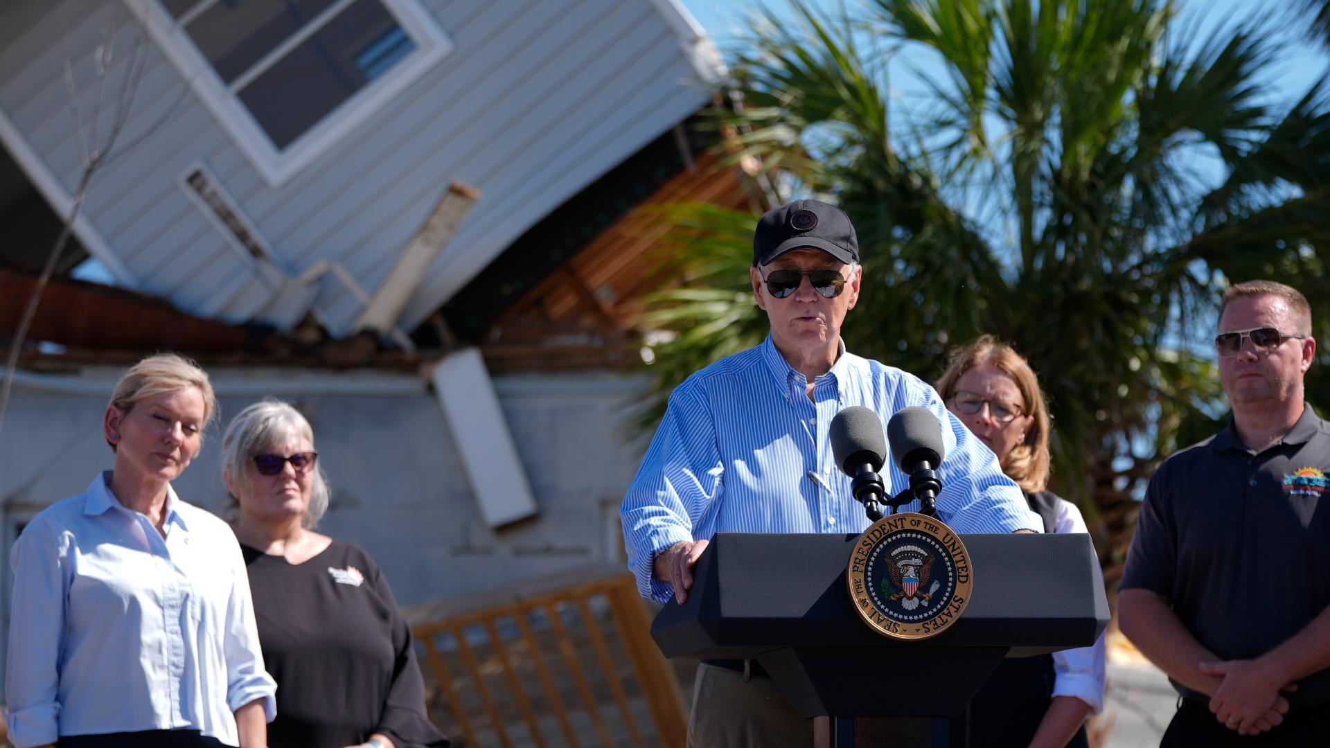 President Biden delivered remarks following an aerial tour of storm damage in St. Petersburg, where he noted the roof torn off Tropicana Field.