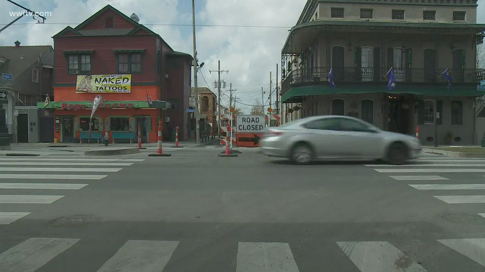 Road is torn up after streetcar line is installed