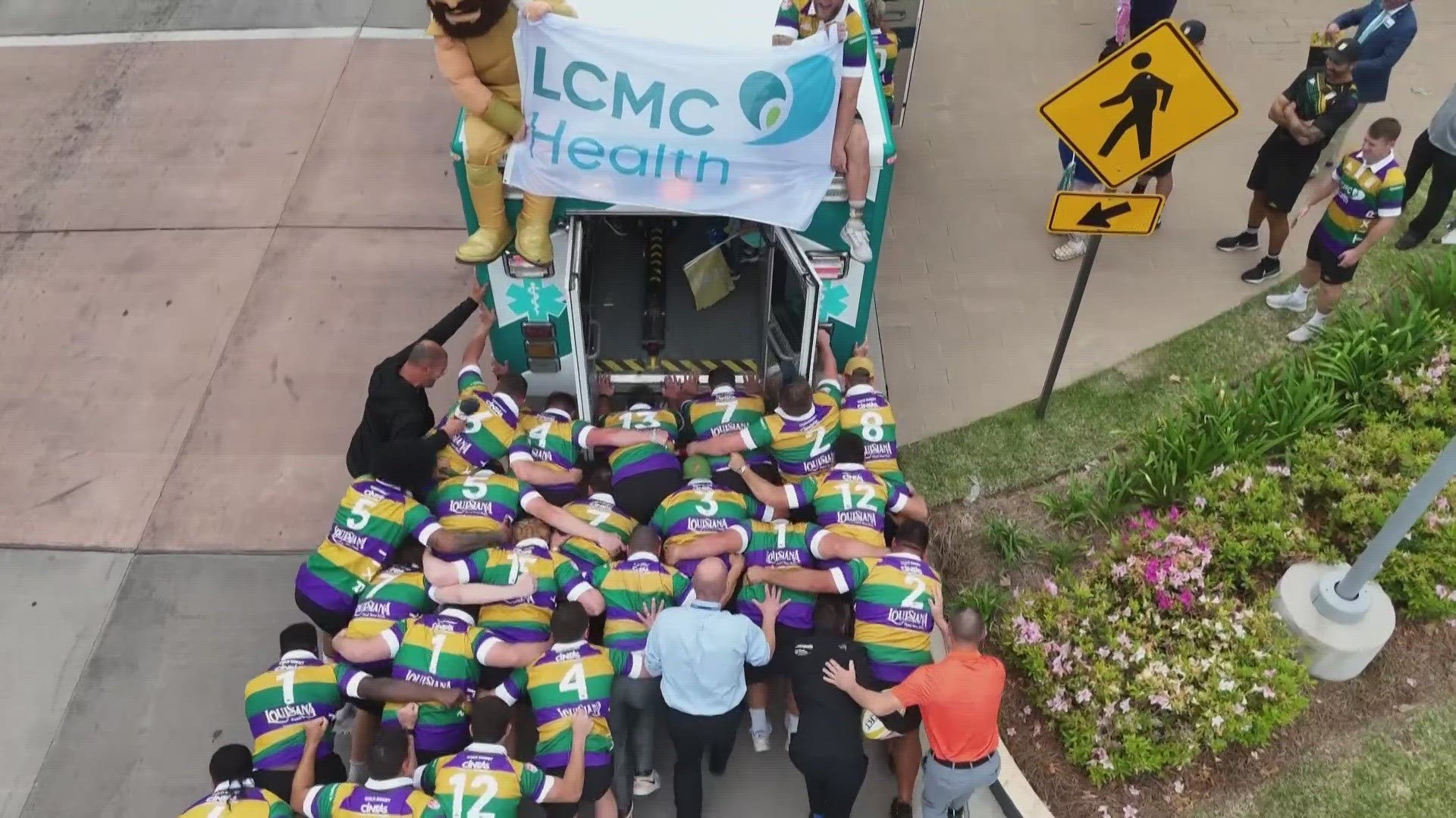 The NOLA Rugby team pushed a medical van to raise money for Children's Hospital.