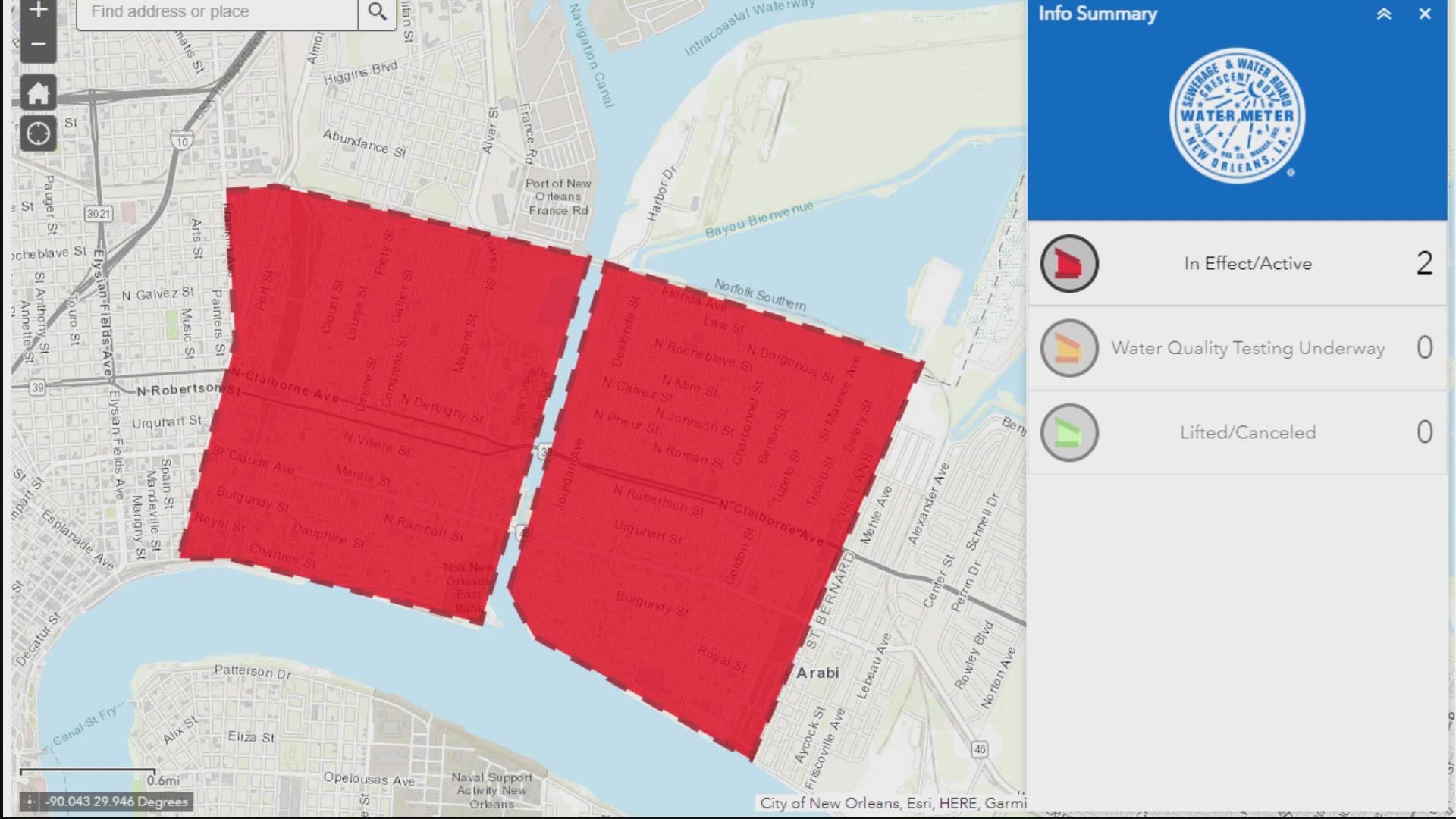 A boil water advisory is in effect for the entire lower 9th Ward, Holy Cross, Bywater, along with St. Claude and Florida area.