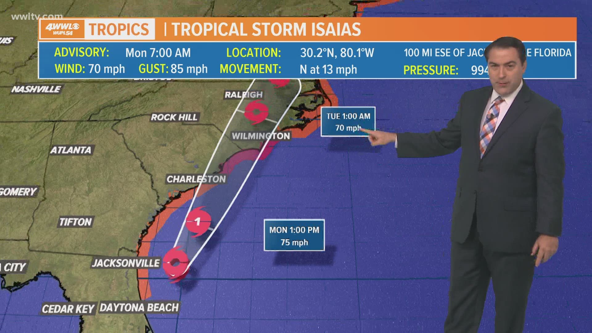 Isaias is expected to make landfall around Myrtle Beach, SC tonight and Invest 94L could become a tropical depression in the middle of the Atlantic.