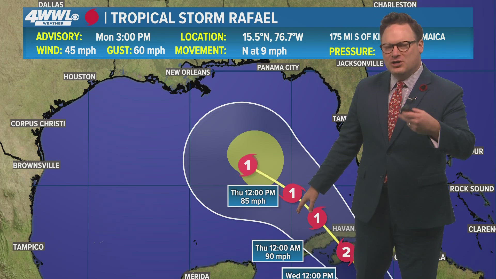 WWL Louisiana Chief Meteorologist Chris Franklin is tracking the tropics with the latest on Tropical Storm Rafael for News at 5PM on Monday, Nov. 4, 2024.