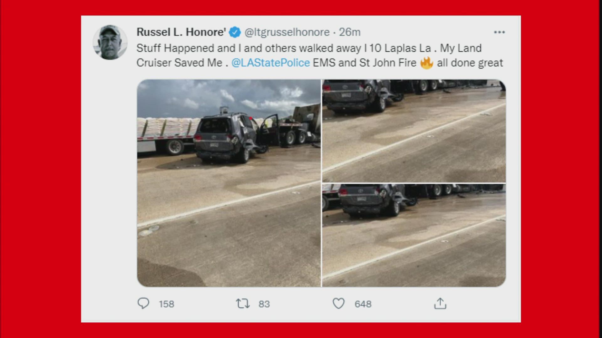 Honoré tweeted after the crash saying that he and others were able to walk away.