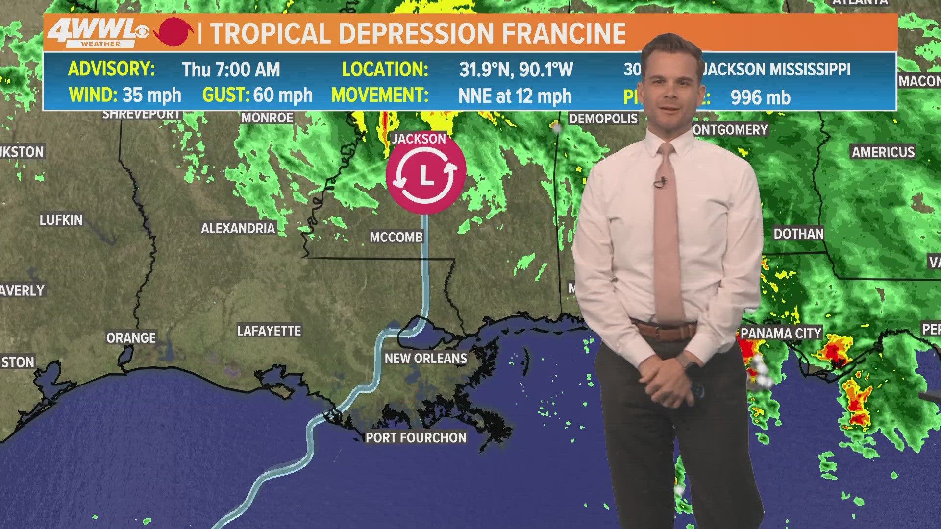 WWL Louisiana meteorologist Payton Malone with the latest post-Hurricane Francine forecast for the New Orleans area on Thursday, Sept. 12, 2024.