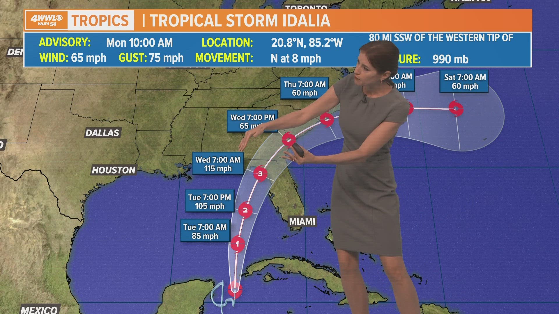 The forecast path is toward Florida's Big Bend north of Tampa by early Wednesday.