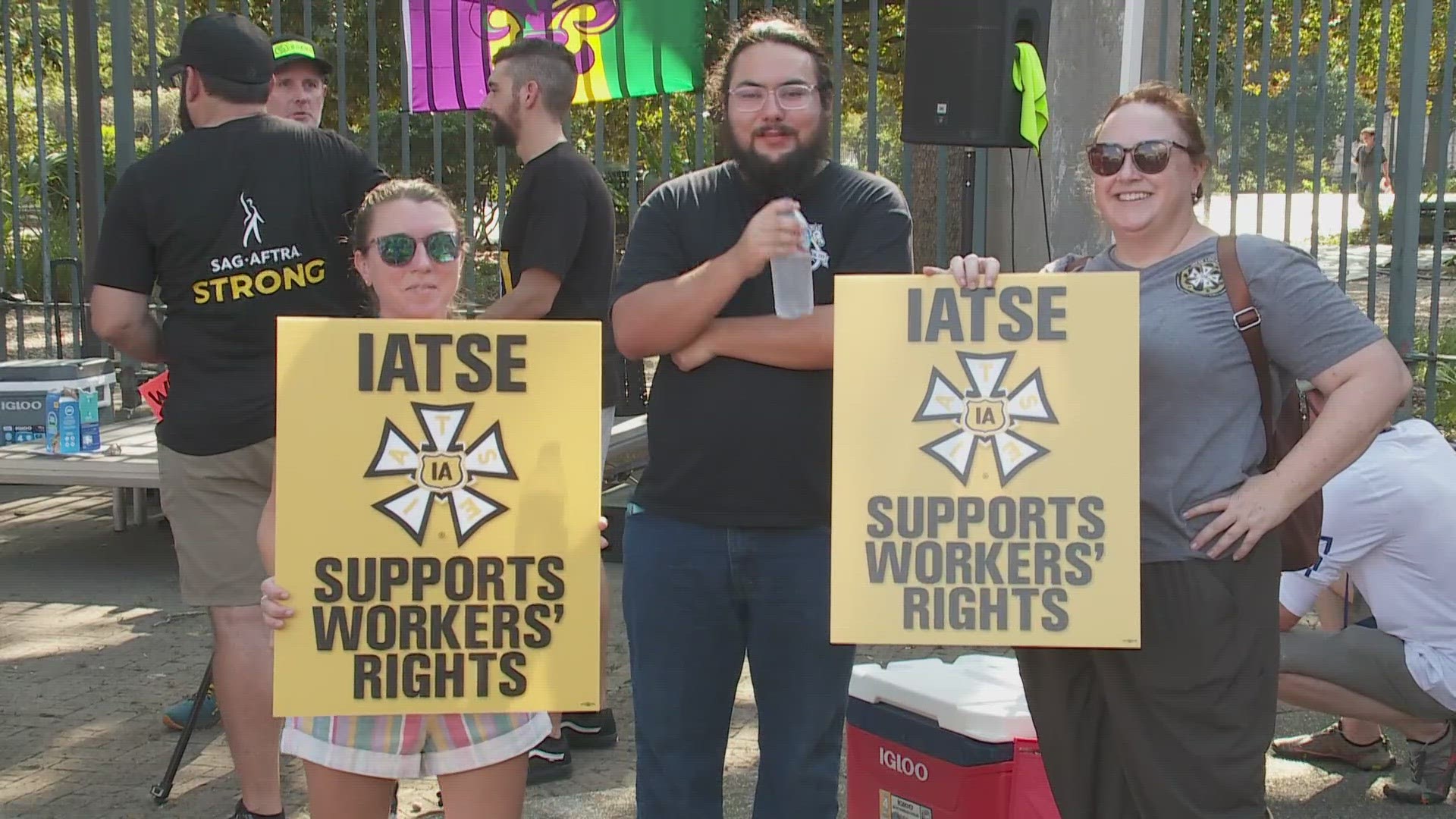 Protestors rallied at Armstrong Park, calling for better pay, residuals and restrictions on using artificial intelligence.