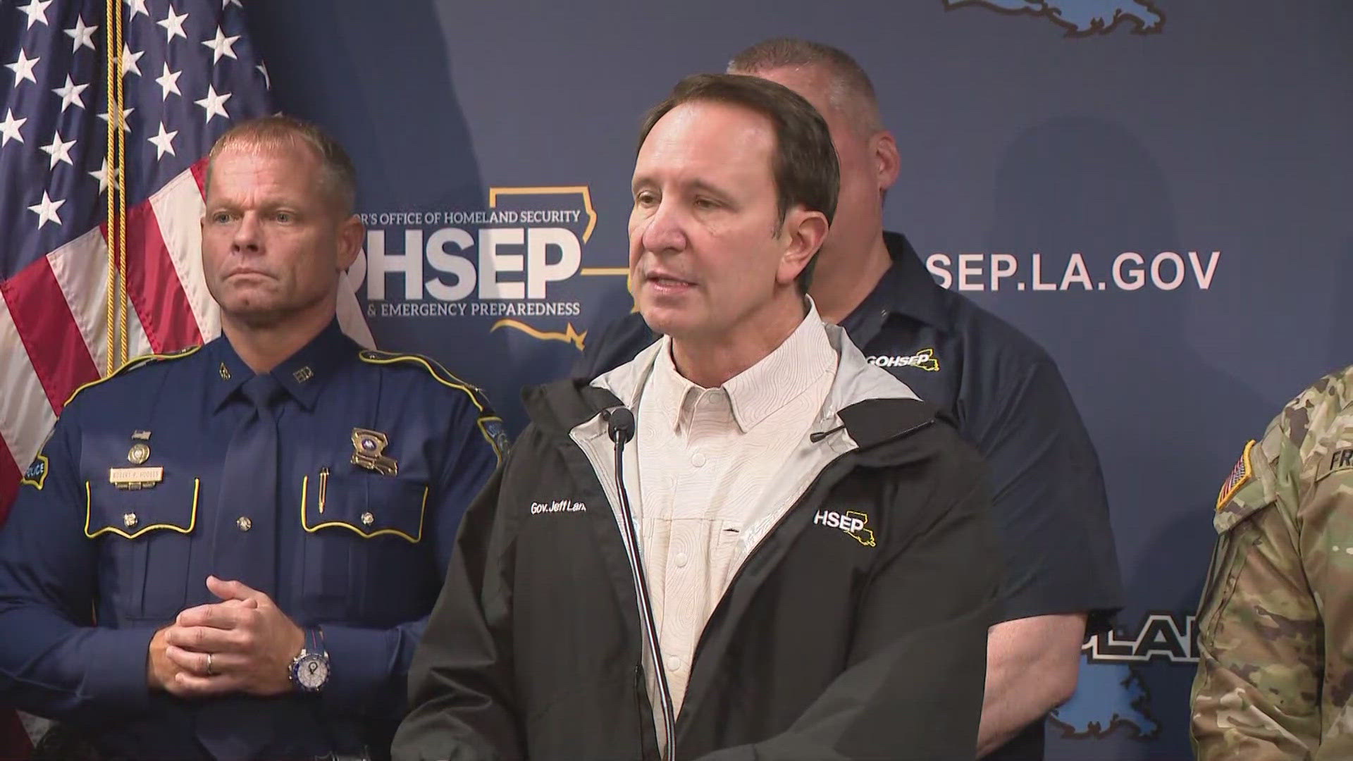 Louisiana Governor Jeff Landry hosts press conference on storm preparedness along with LANG, LSP, GOHSEP and Insurance Commissioner Tim Temple.