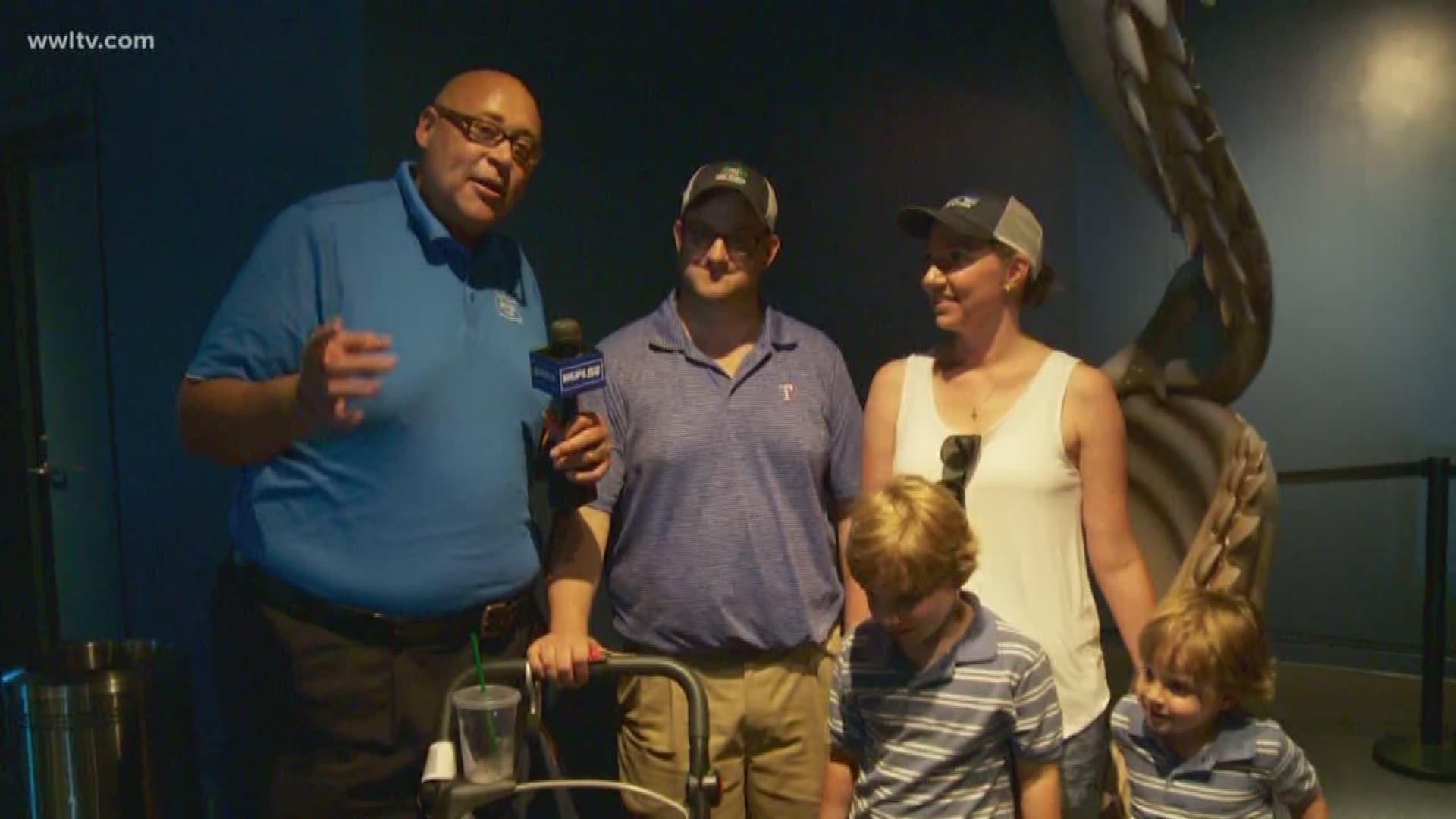 Celebrating Shark week, Chef Kevin talks to a couple of families visiting the Aquarium from out of town.