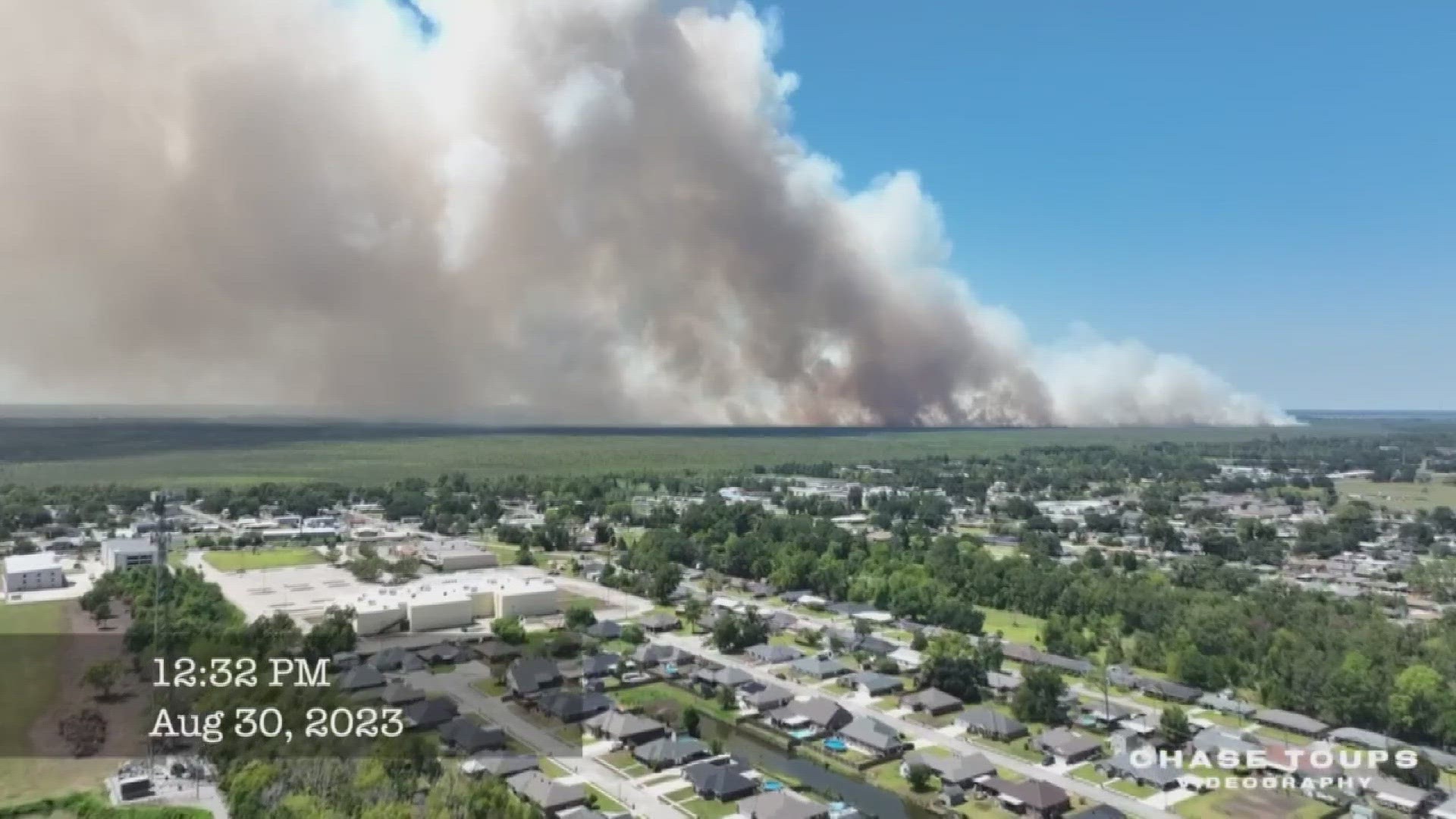 Chase Toups captured drone footage of the fire between Louisiana Highway 90 and Savanne Road in the area near the Bayou Cane Fire Protection District.