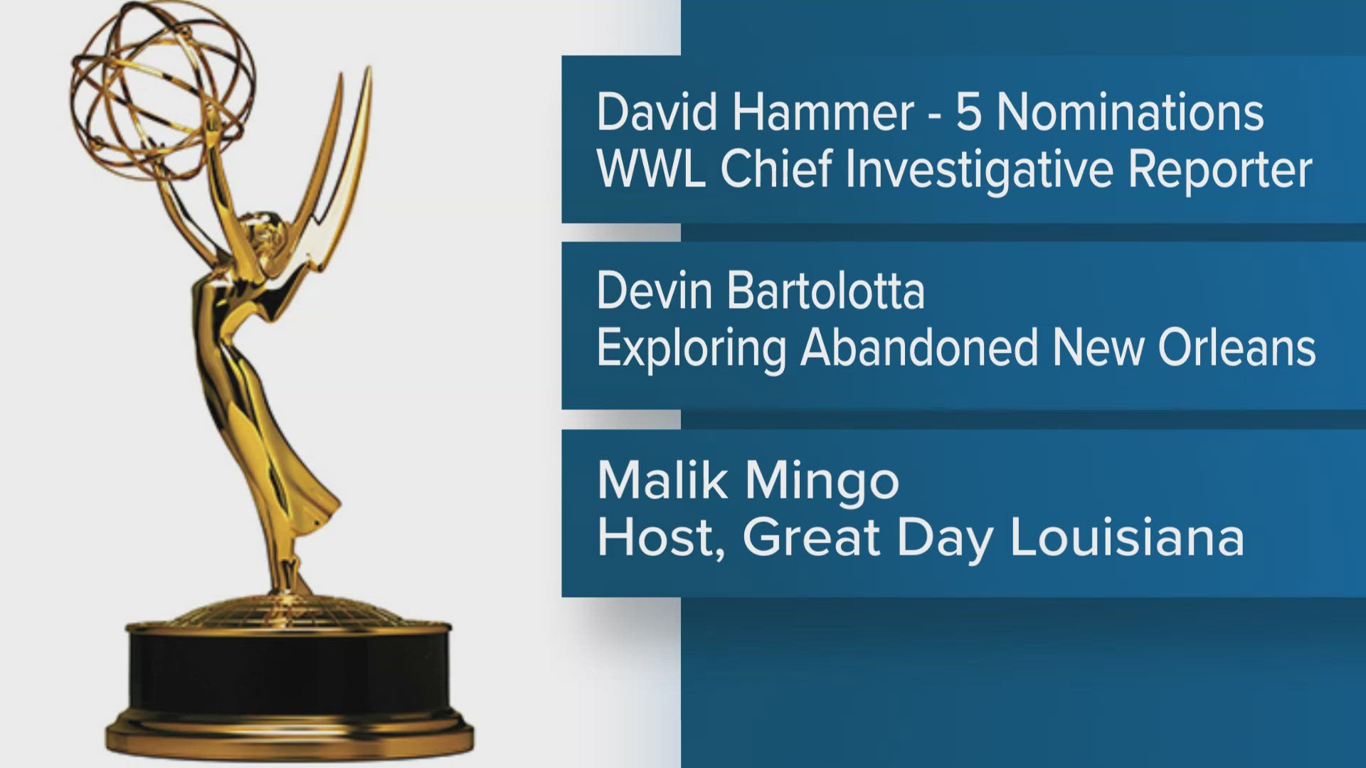 WWL anchors, reporters, and staff are nominated in a sweeping list of categories, including Editing and Investigative Reporting.