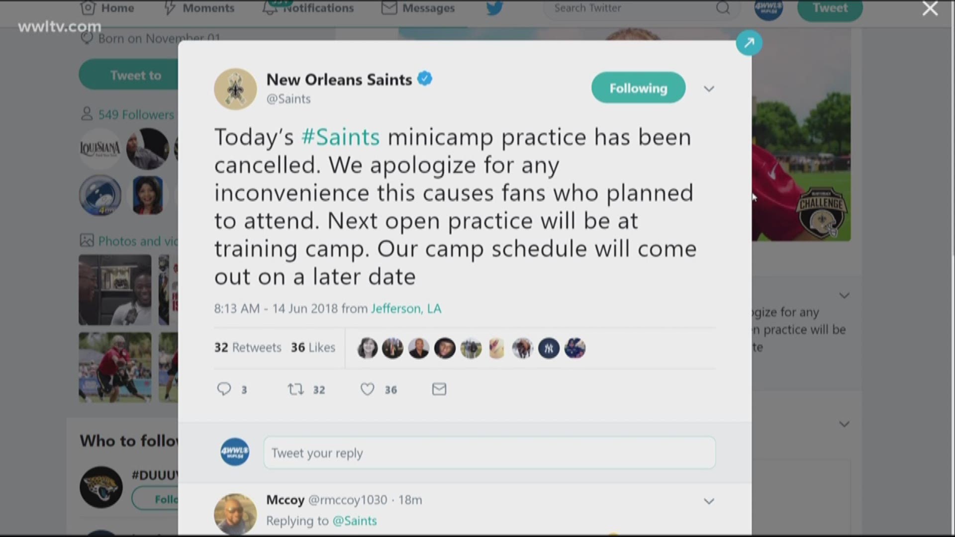 Saints cancel Thursday's minicamp practice
