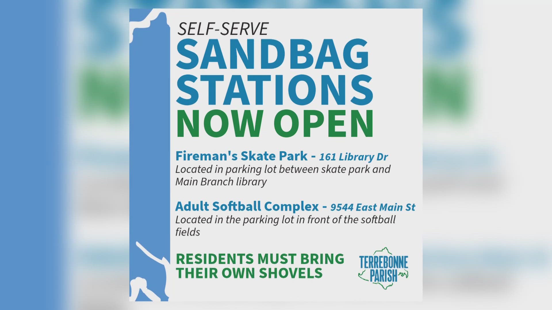 The parish has opened two sandbag stations, one at the Fireman's Skate Park and one at the adult softball complex.