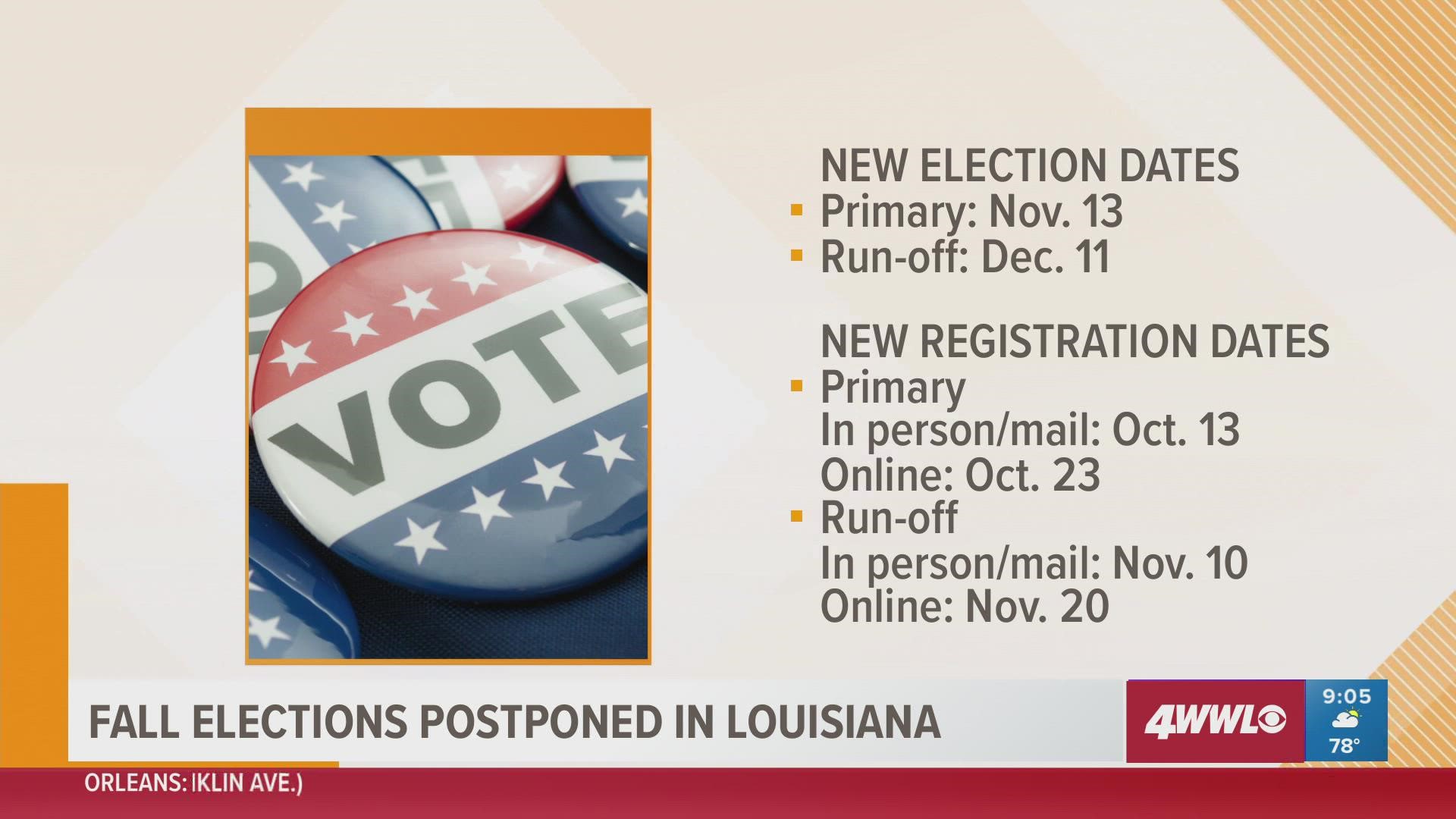 The governor approved the secretary of state's plan to postpone the upcoming fall election in Louisiana as polling stations are repaired.