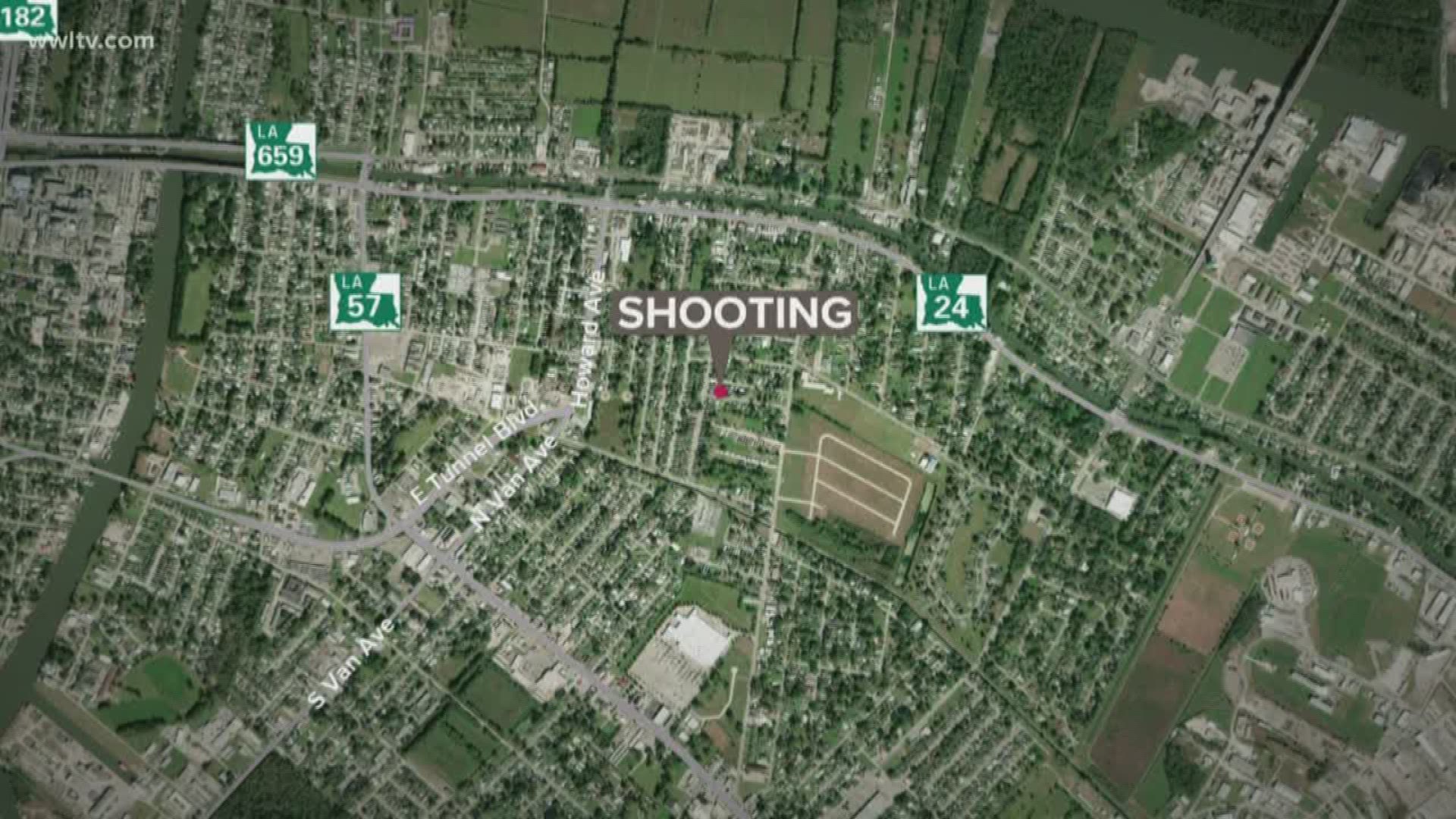 Officials say Houma Police officers were assessing storm damage when someone shot near them from a moving vehicle.