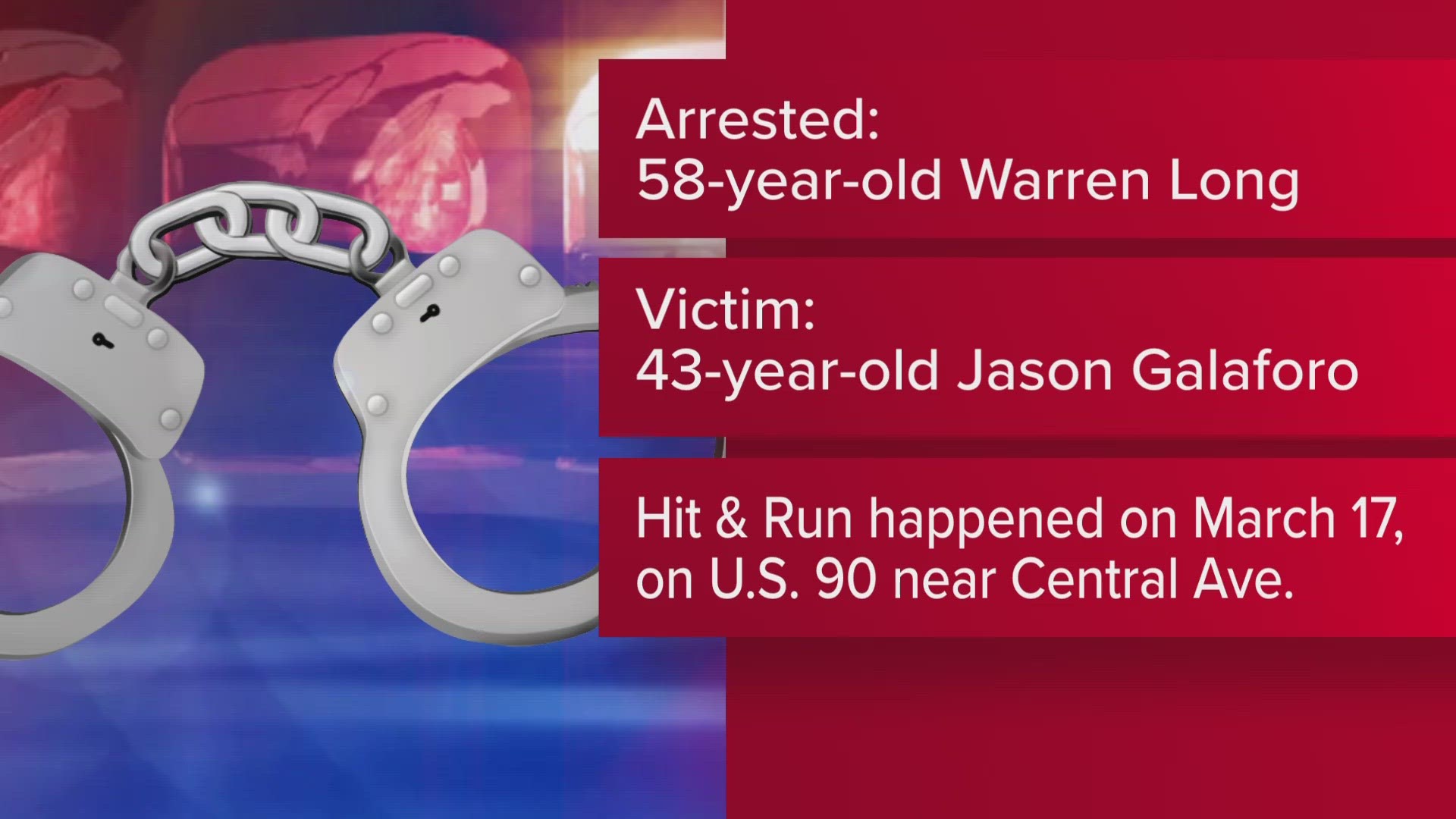 Jason Galaforo was struck by an unknown vehicle while walking in the eastbound lanes of US 90. He was transported to a local hospital where he later died.