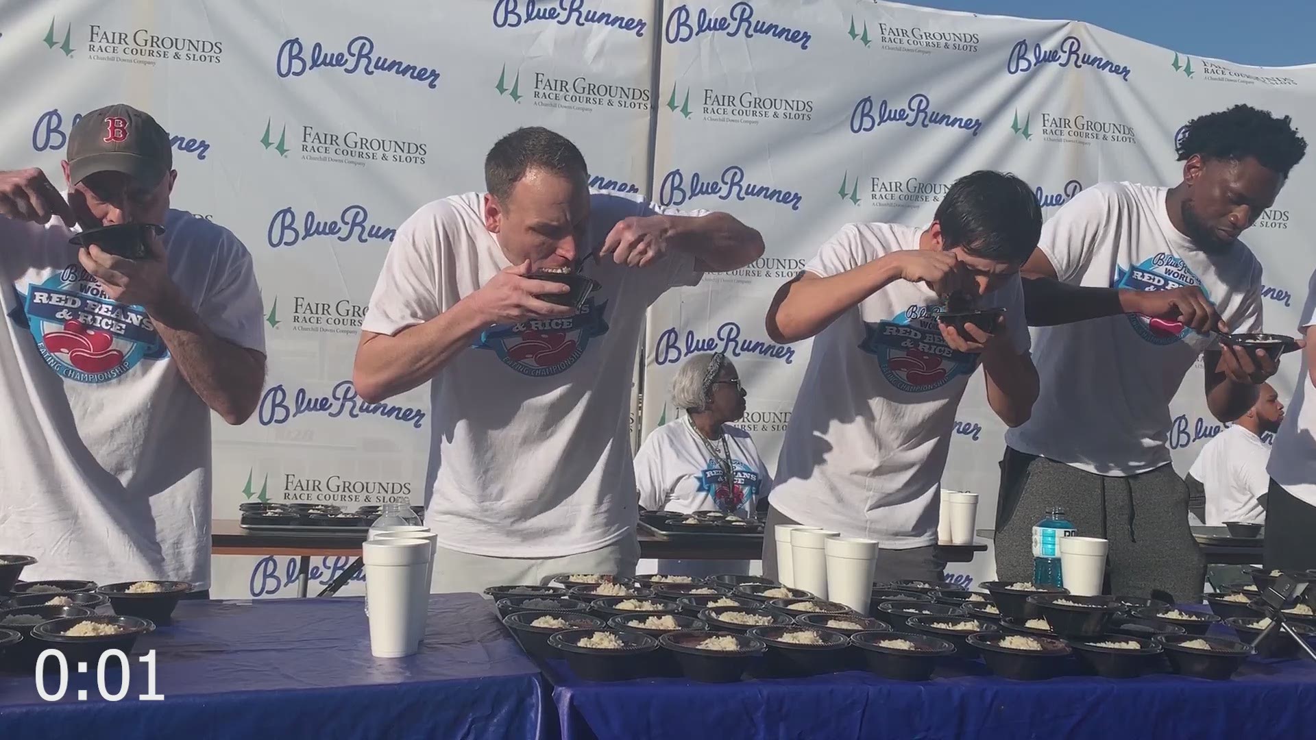 Joey Chestnut eating a bowl of red beans and rice in 7 seconds