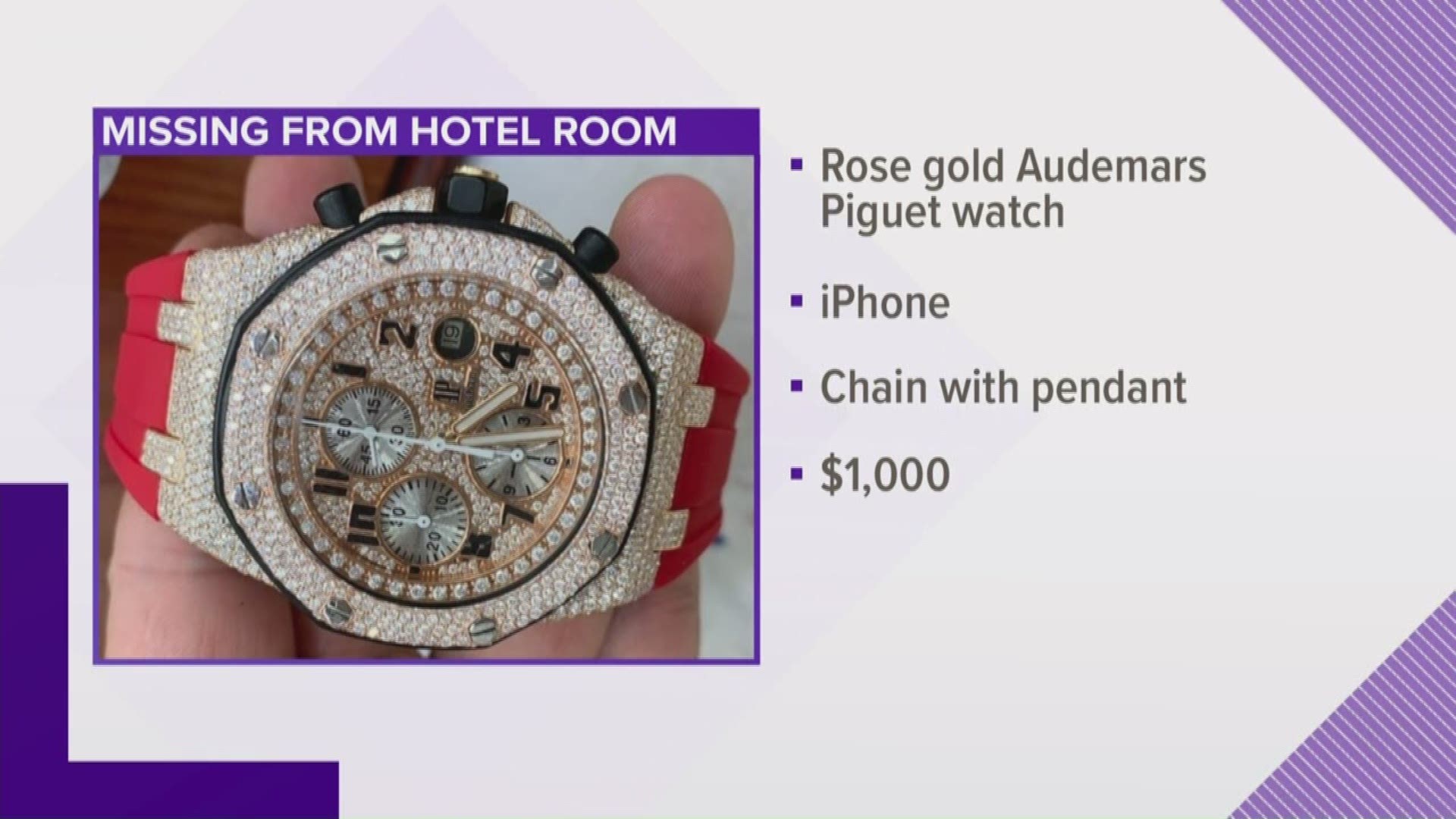 Similar watches the reported stolen property are listed on Audemars Piguet's website for $50,000 - $80,000.