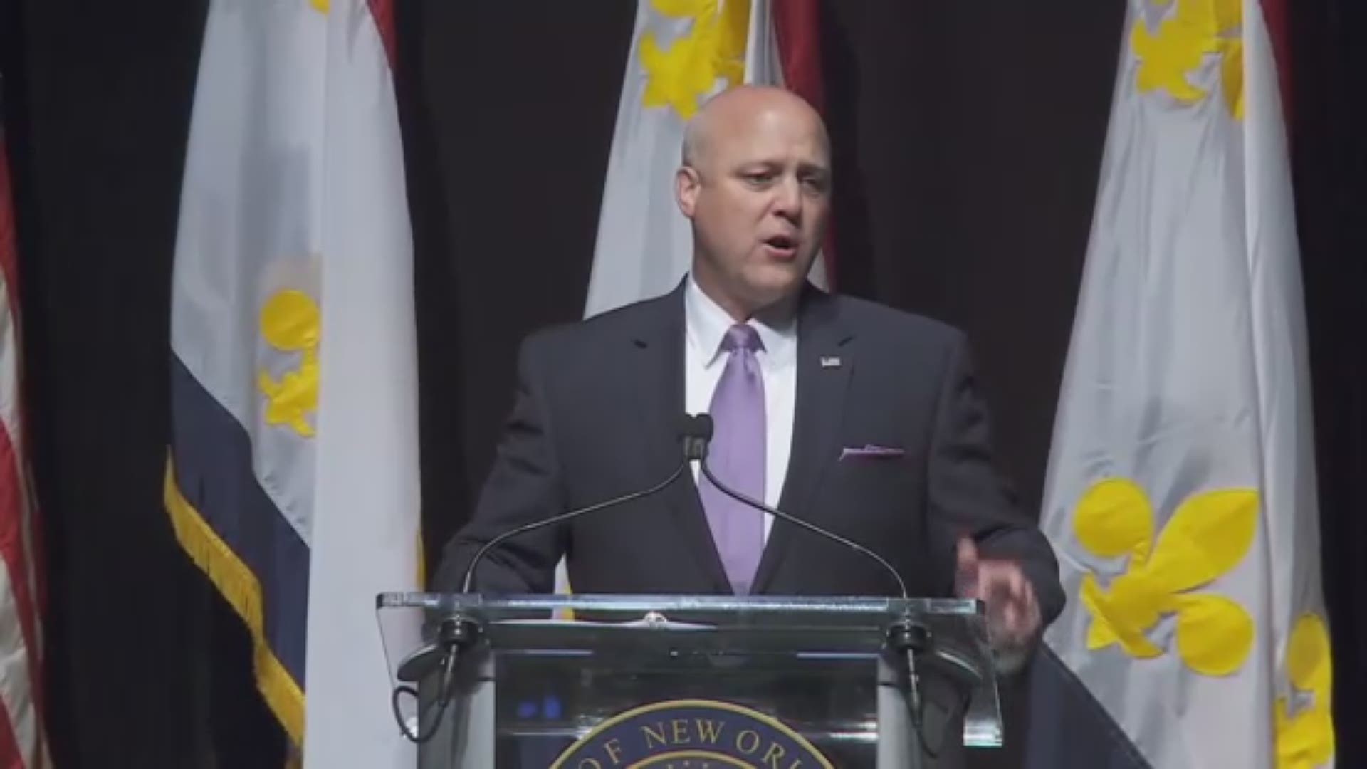 Mayor Landrieu tells the story of two children affected by violence during a address about crime at Tulane University on April 27.