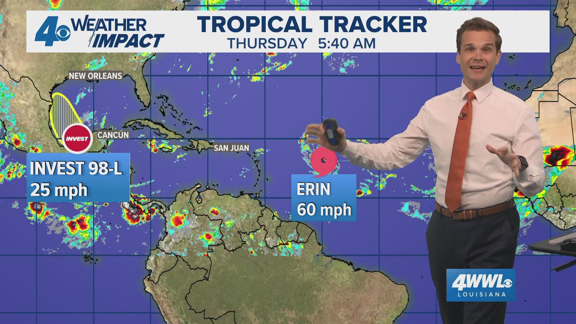 Meteorologist Payton Malone tracks Erin to become hurricane and Invest 98 in the Bay of Campeche. 