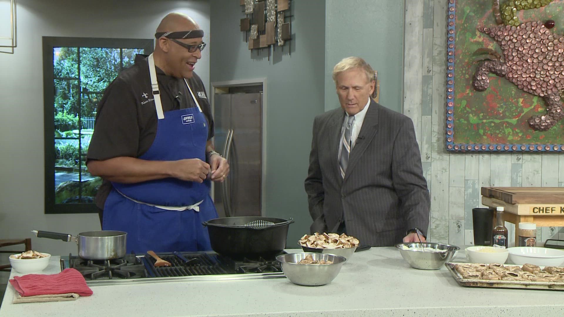 Chef Kevin is cooking up stuffed mushrooms in the WWLTV kitchen.