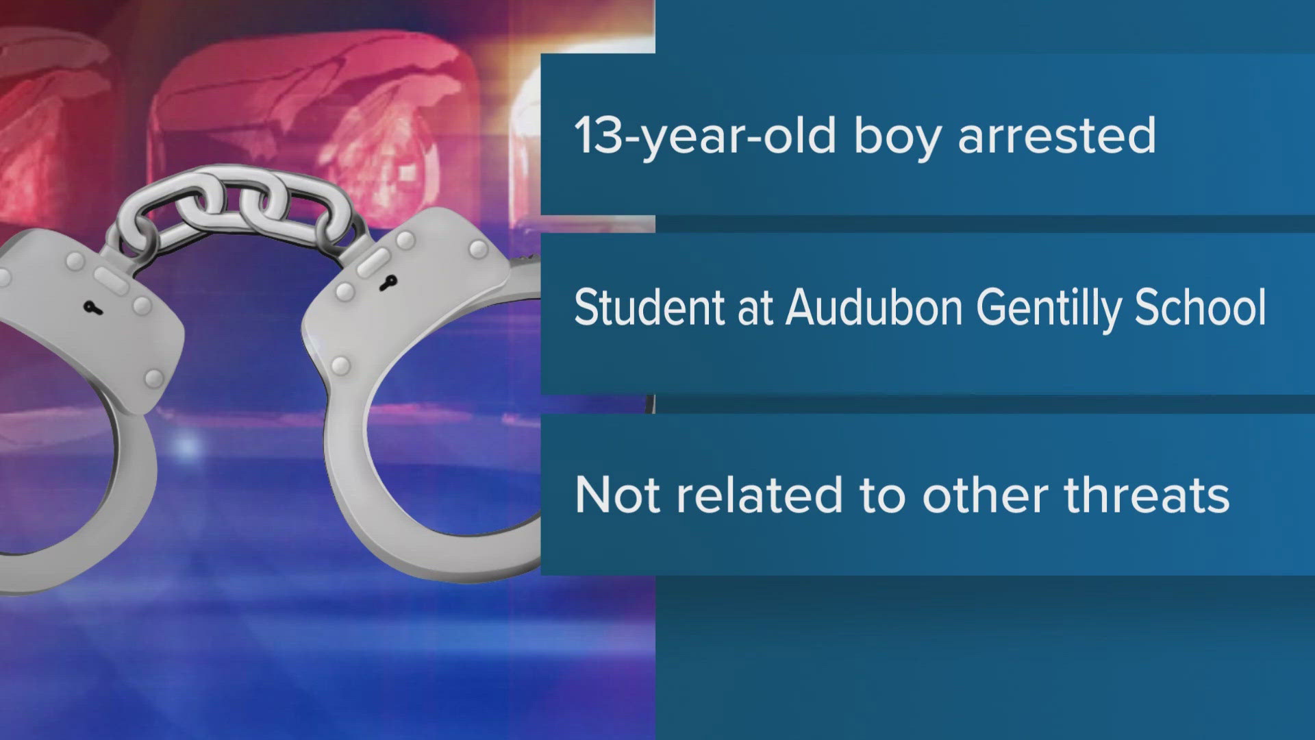 New Orleans Police announced that a 13-year-old boy from Audubon Gentilly School was booked on one count of terrorizing.