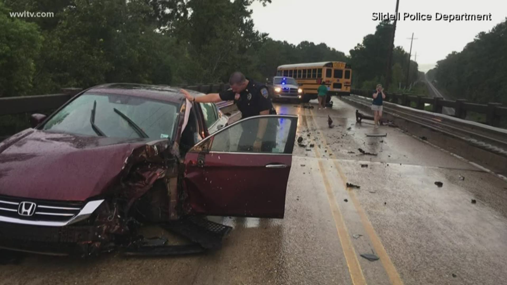 Alexandra Alley, 26, was driving on Highway 11 on Friday morning when she crossed over the center line and crashed head-on into a school bus, according to Slidell Police. The bus then spun out of control and crashed into an unmarked police vehicle.