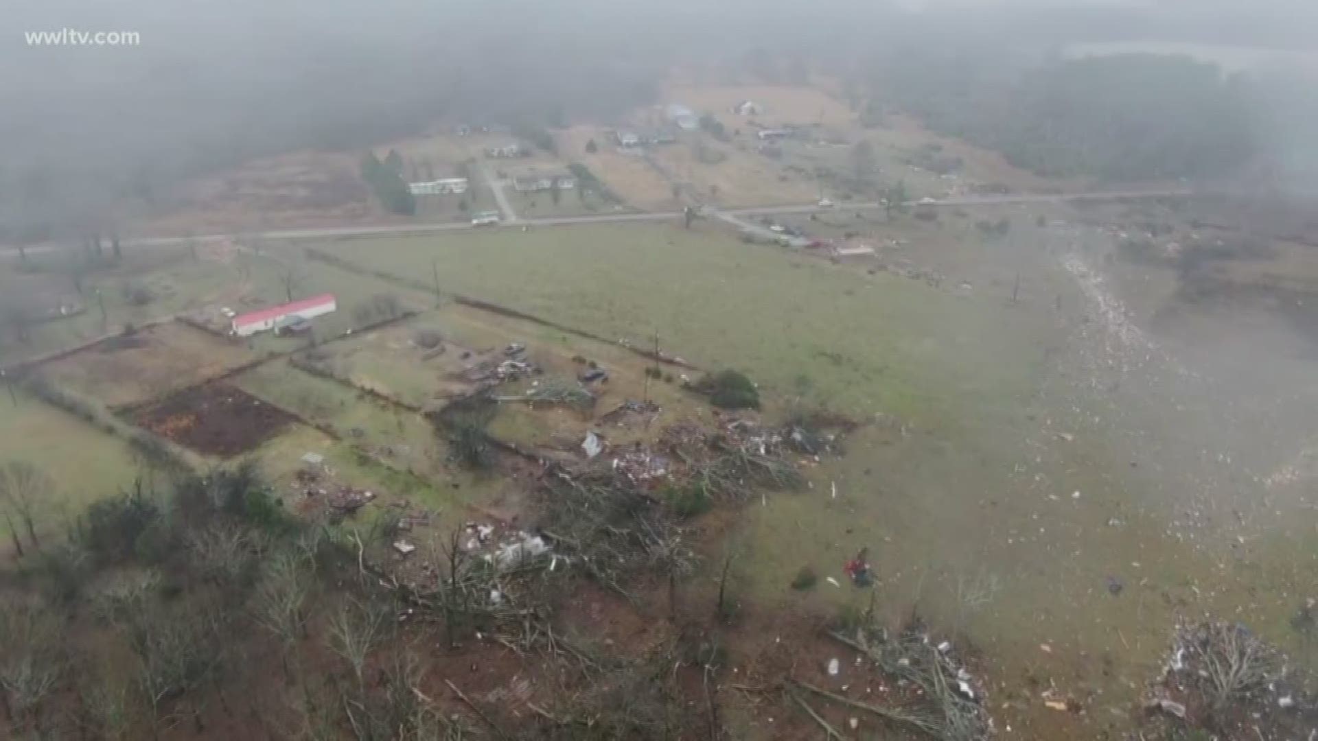 The Storm Prediction Center logged more than three dozen reports of storm damage from east Texas to Georgia.