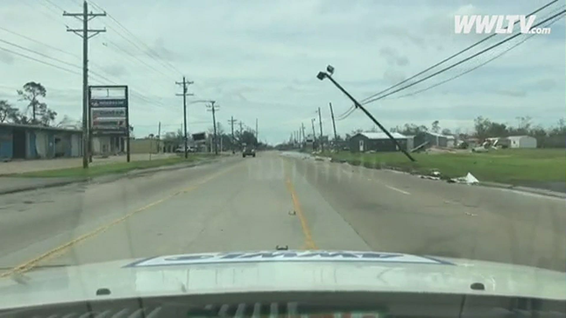 WWL-TV reporter Thanh Truong and photojournalist Steve Wolfram drive through Lake Charles after Hurricane Laura hit overnight on Aug. 27.