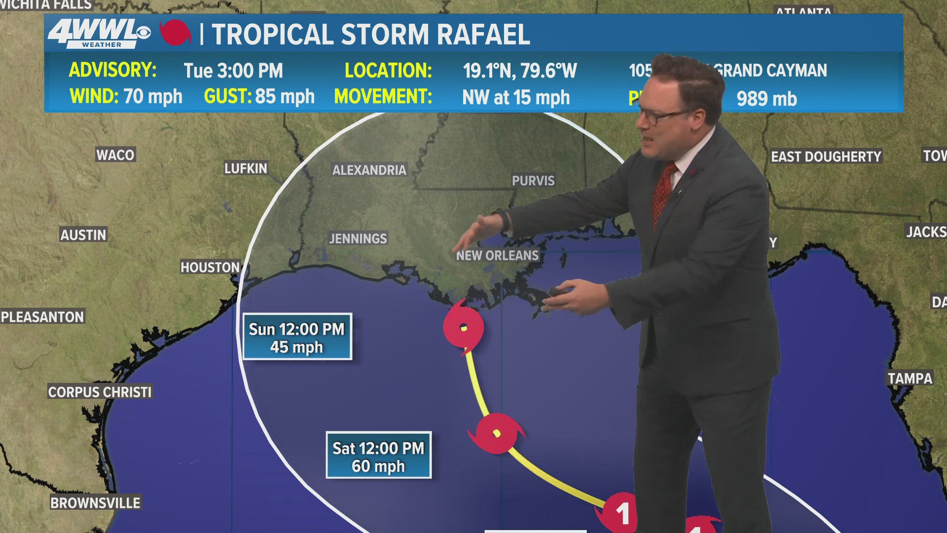 WWL Louisiana Chief Meteorologist Chris Franklin with a first look at the latest movements of Tropical Storm Rafael for News at 5PM on Tuesday, Nov. 5, 2024.