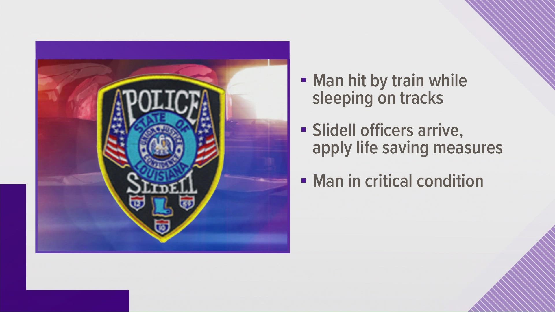 A Slidell officer is being credited with saving a mans life after he was hit by a train that severed his leg.