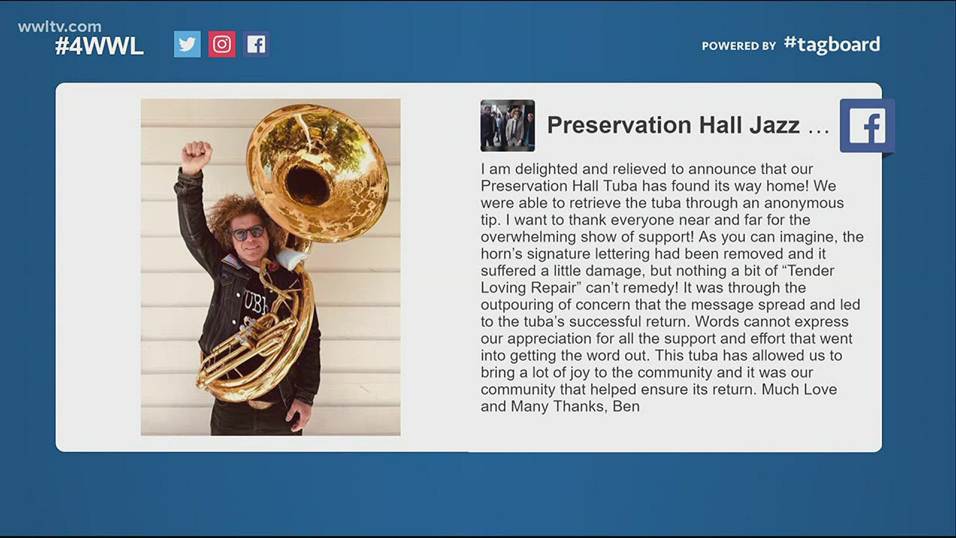 The missing Preservation Hall sousaphone has been found!