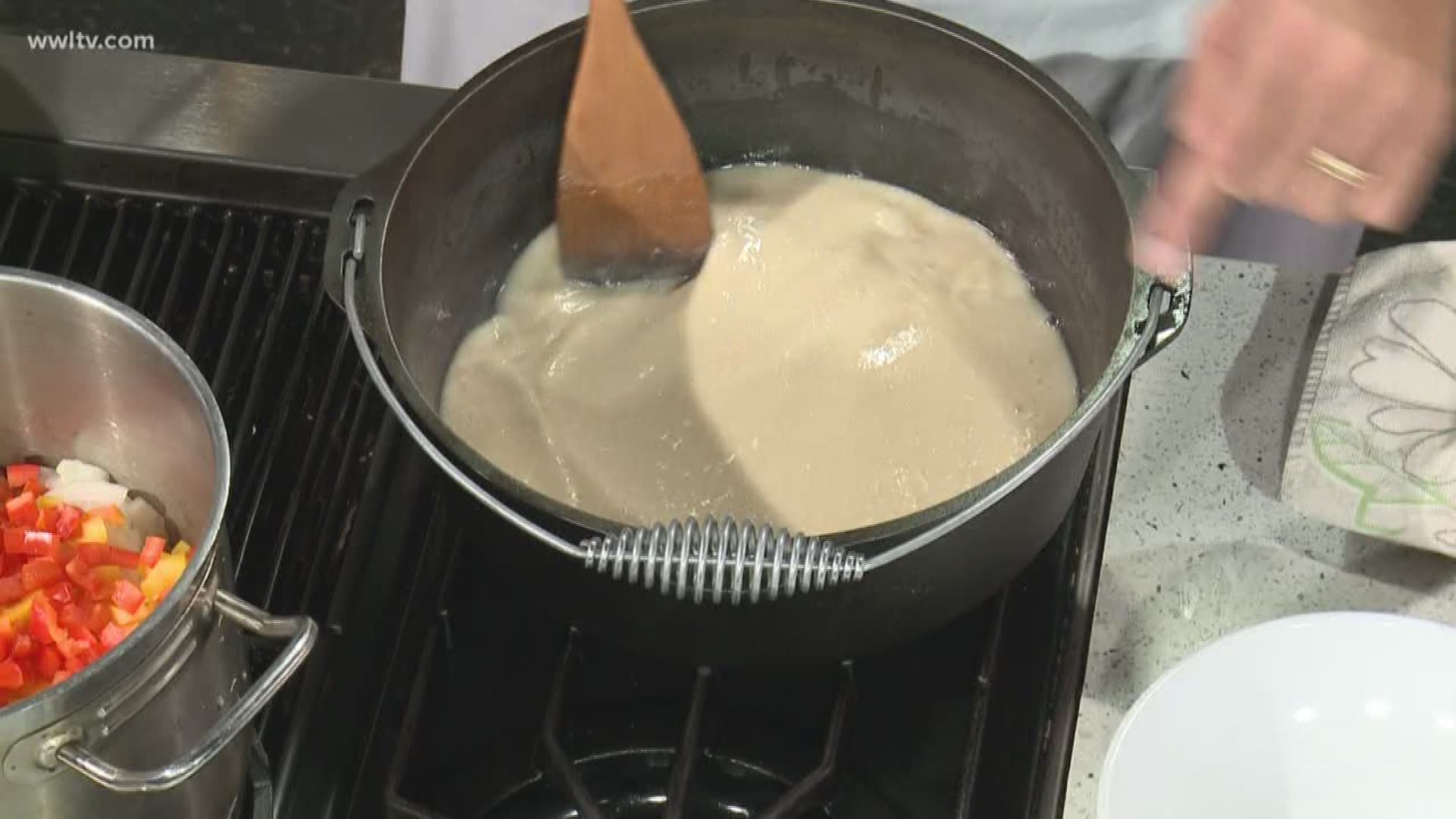 Chef Kevin are in the kitchen making the roux for their basic gumbo