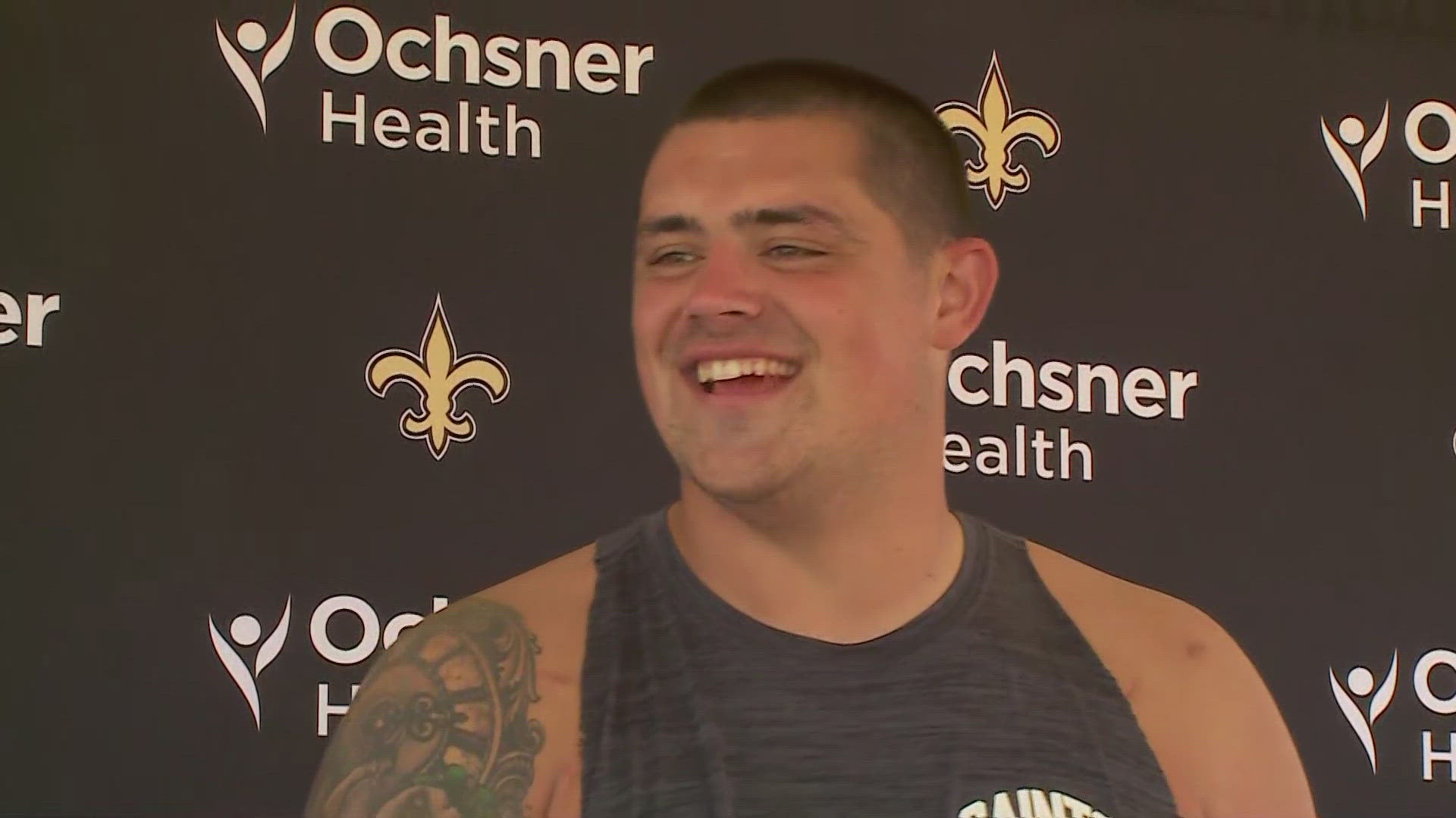 Last year's first-round defensive tackle Bryan Bresee talks with media following practice on Day 10 of 2024 Saints training camp at UC-Irvine in California Sunday.