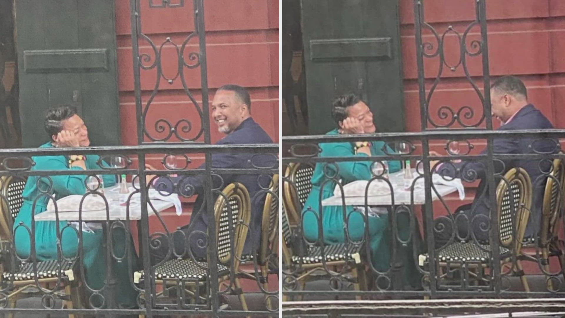 The photo clearly shows Mayor Cantrell and Jeffrey Vappie seated at a balcony table of a French Quarter restaurant.