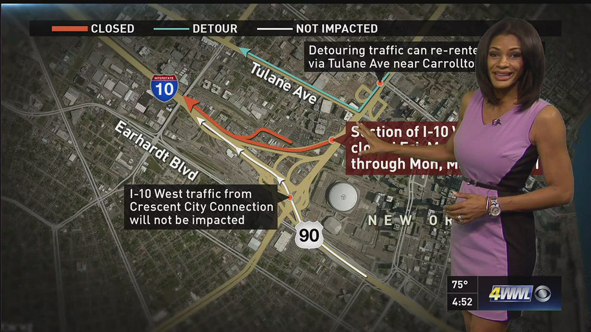 Starting Friday at 10pm, a section of I-10 West will be closed through Monday morning. Motorists can re-enter I-10W at Tulane and Carrollton.