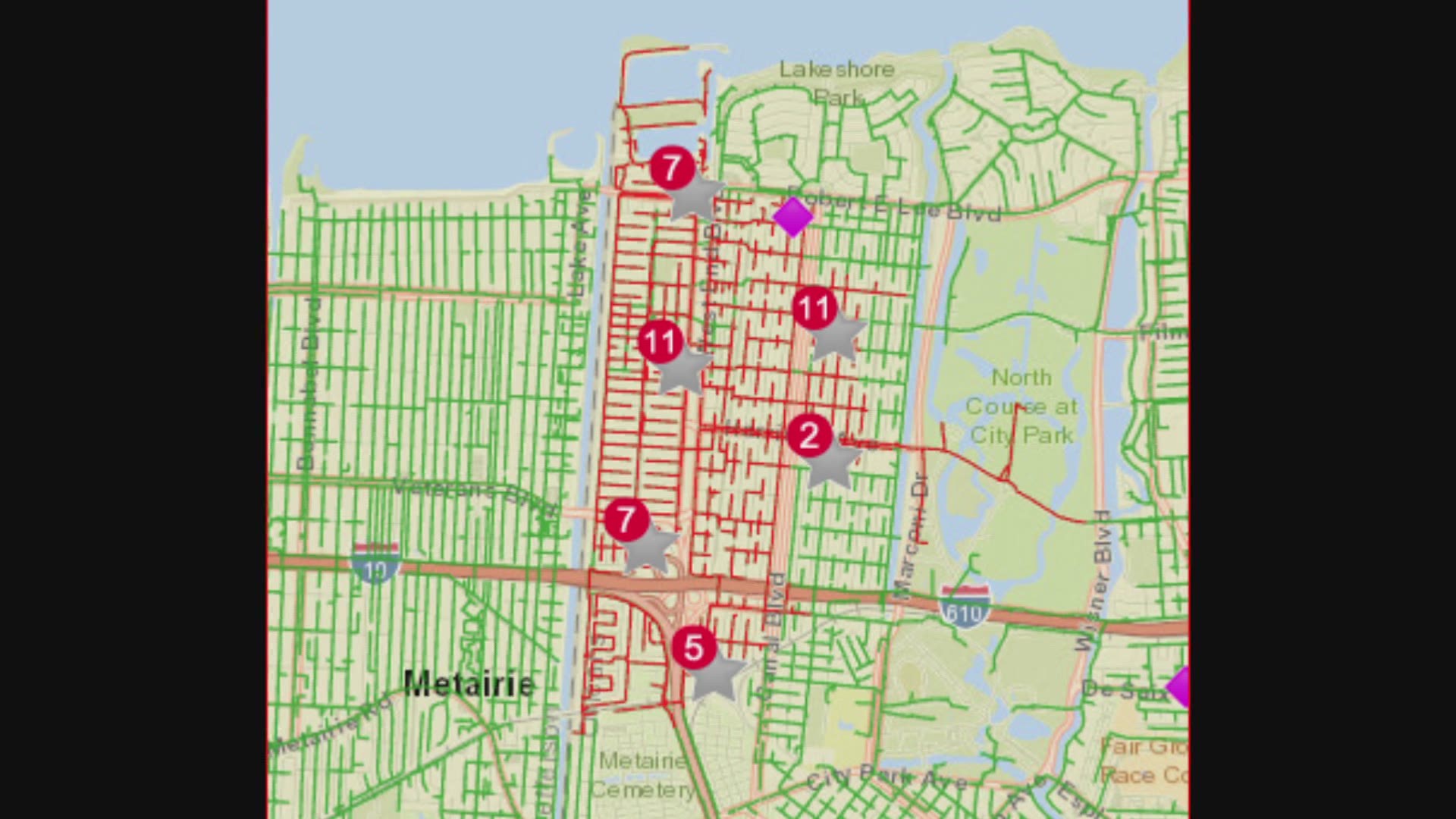 The Entergy outage map showed the places without power as of noon Friday.
