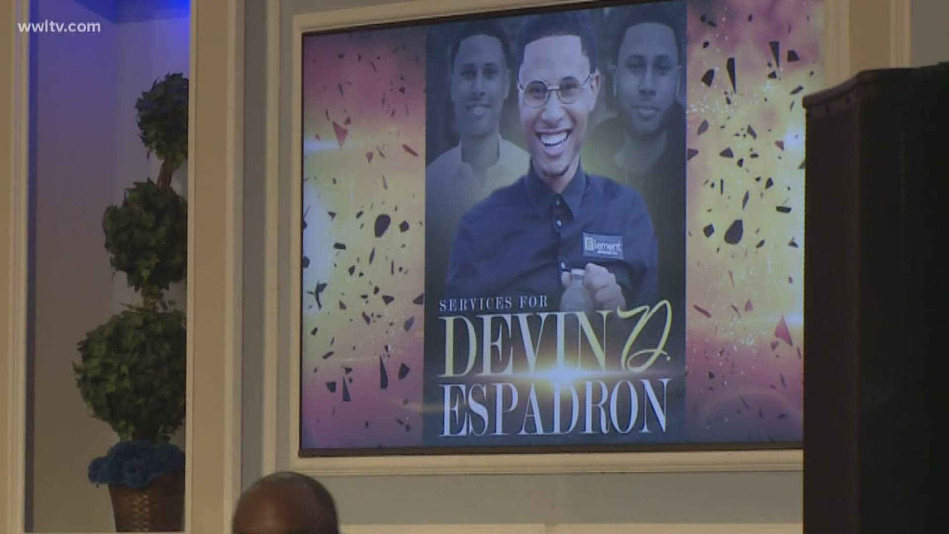 Family and friends of Devin Espadron fill New Home Ministries to pay respects and celebrate the life of the 22-year-old entrepreneur.